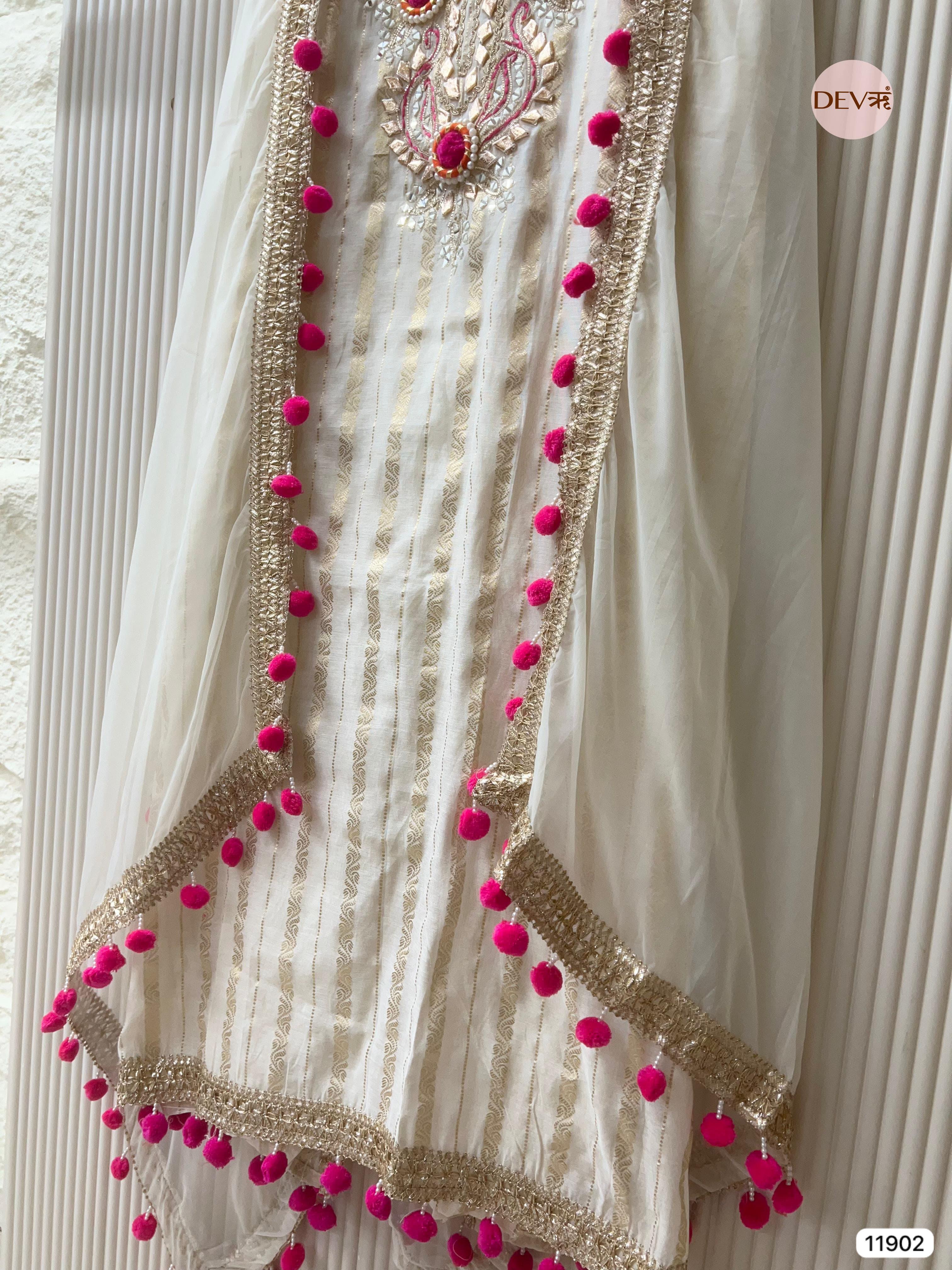 White Tissue Shimmer Silk Unstitched Hand Embroidered -Set Of 3 - {11902}