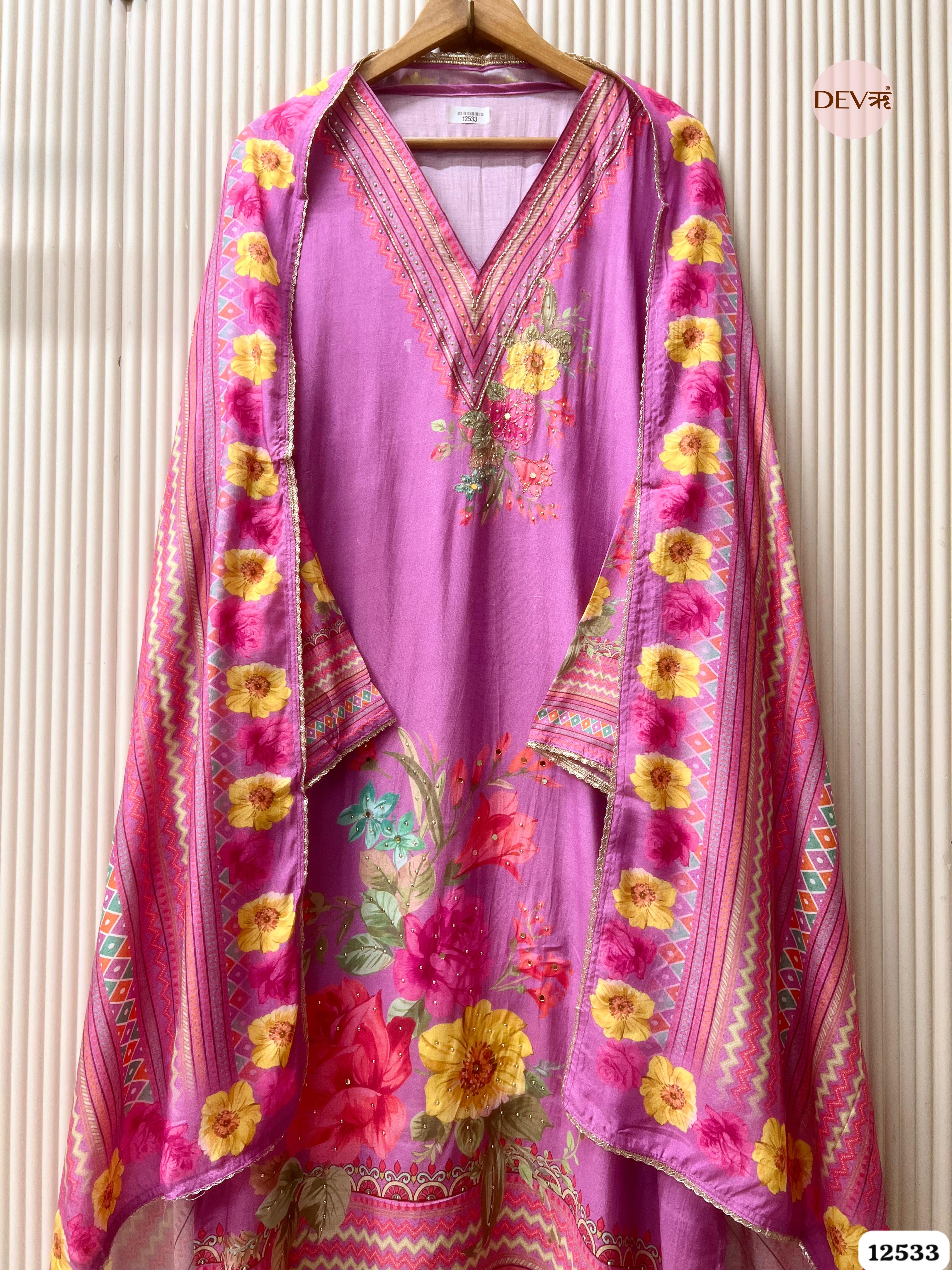 Rose Pink Muslin Printed Unstitched 3-Piece Suit (Devri – D.No. 12533)