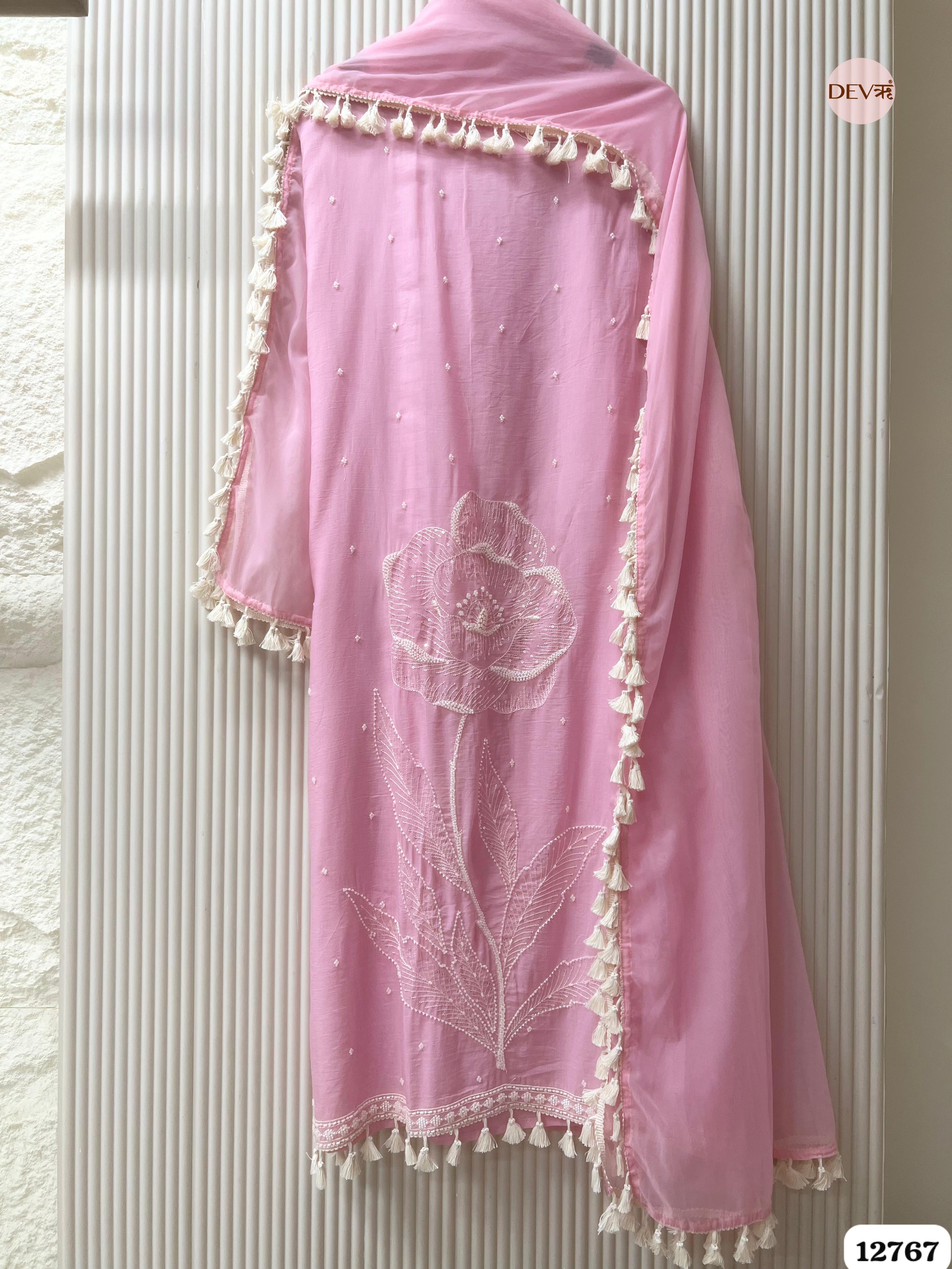 Pink Mul Cotton Hand-Embroidered Unstitched 3-Piece Suit (Devri – D.No 12767)