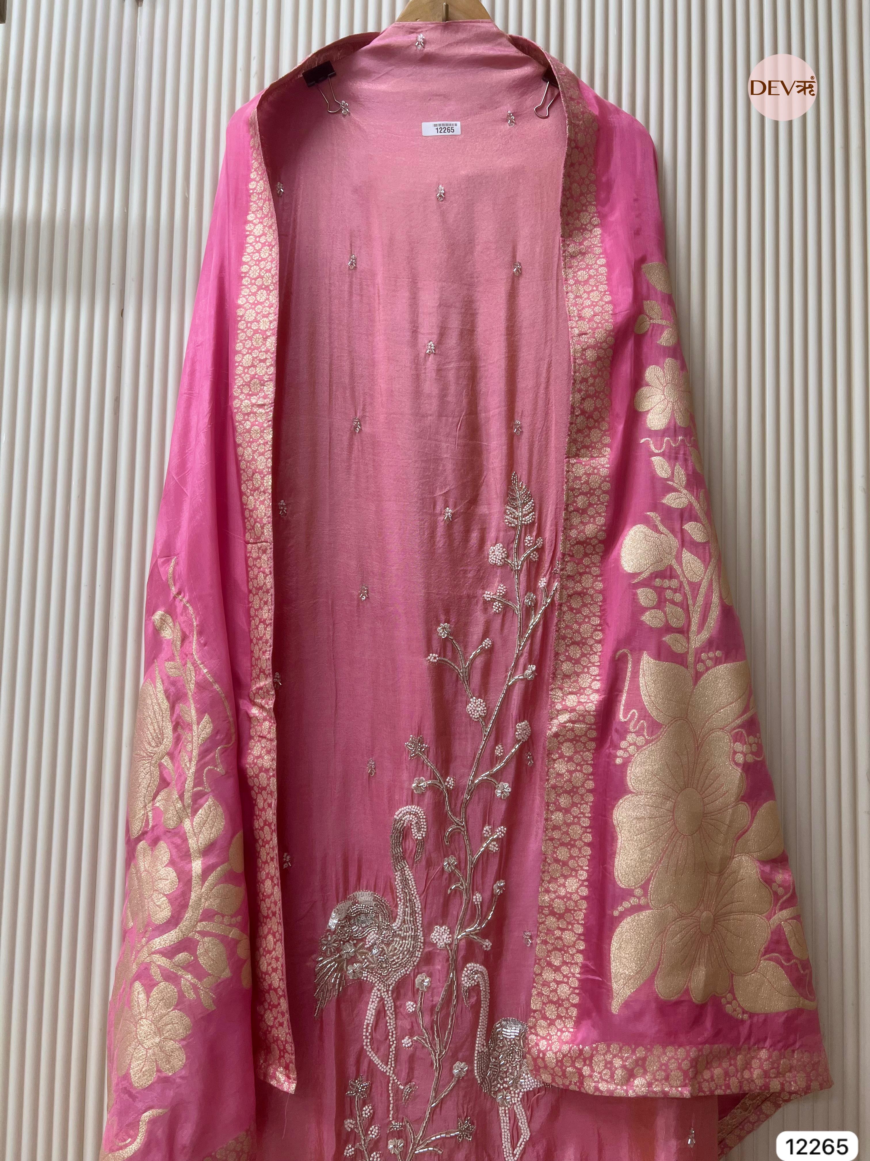 Pink Tissue Shimmer Silk Embroidered Unstitched 3-Piece Suit (Devri – D.No 12265)