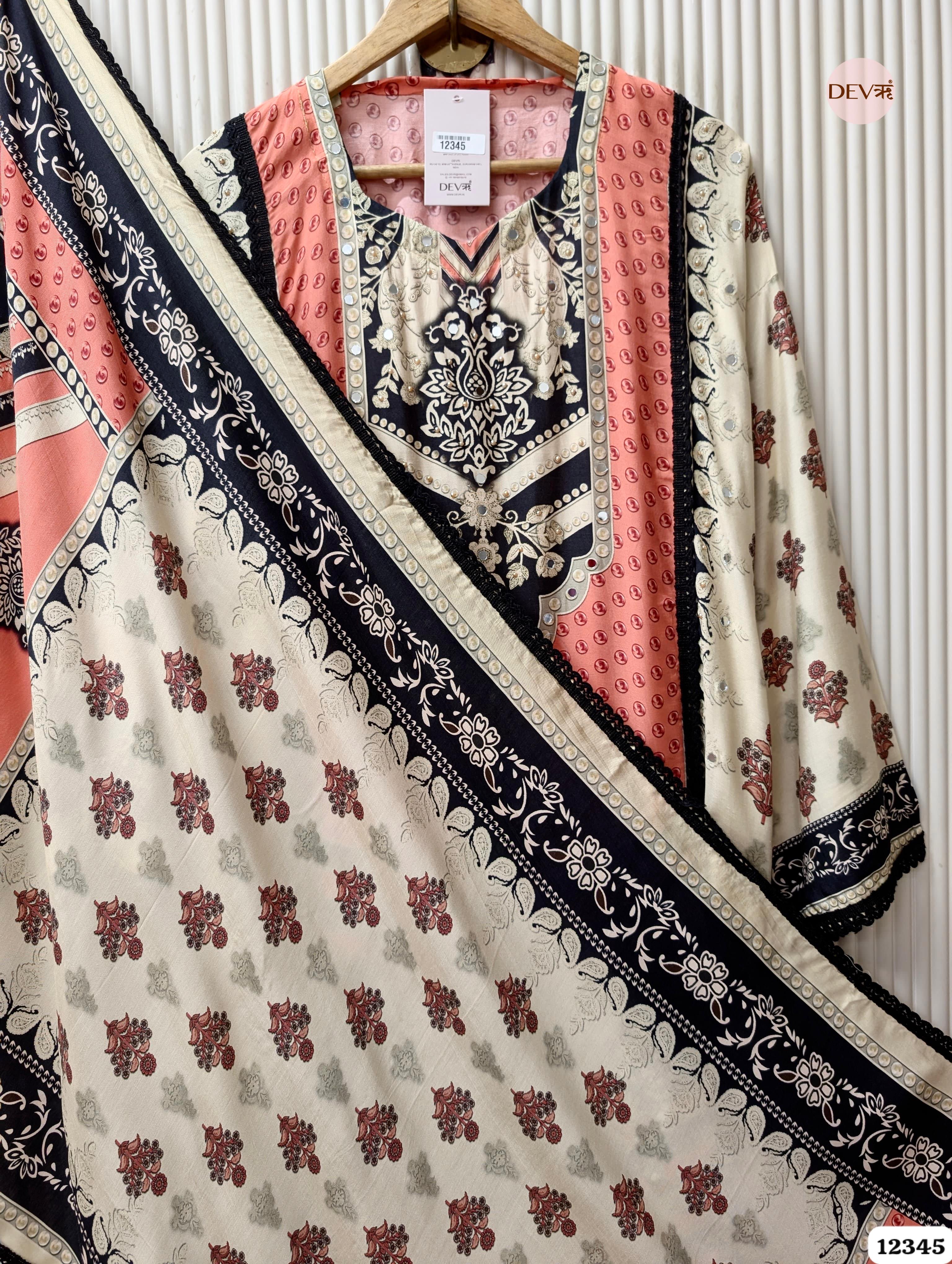 Coral & Black Muslin Printed Unstitched 3-Piece Suit (Devri – D.No. 12345)