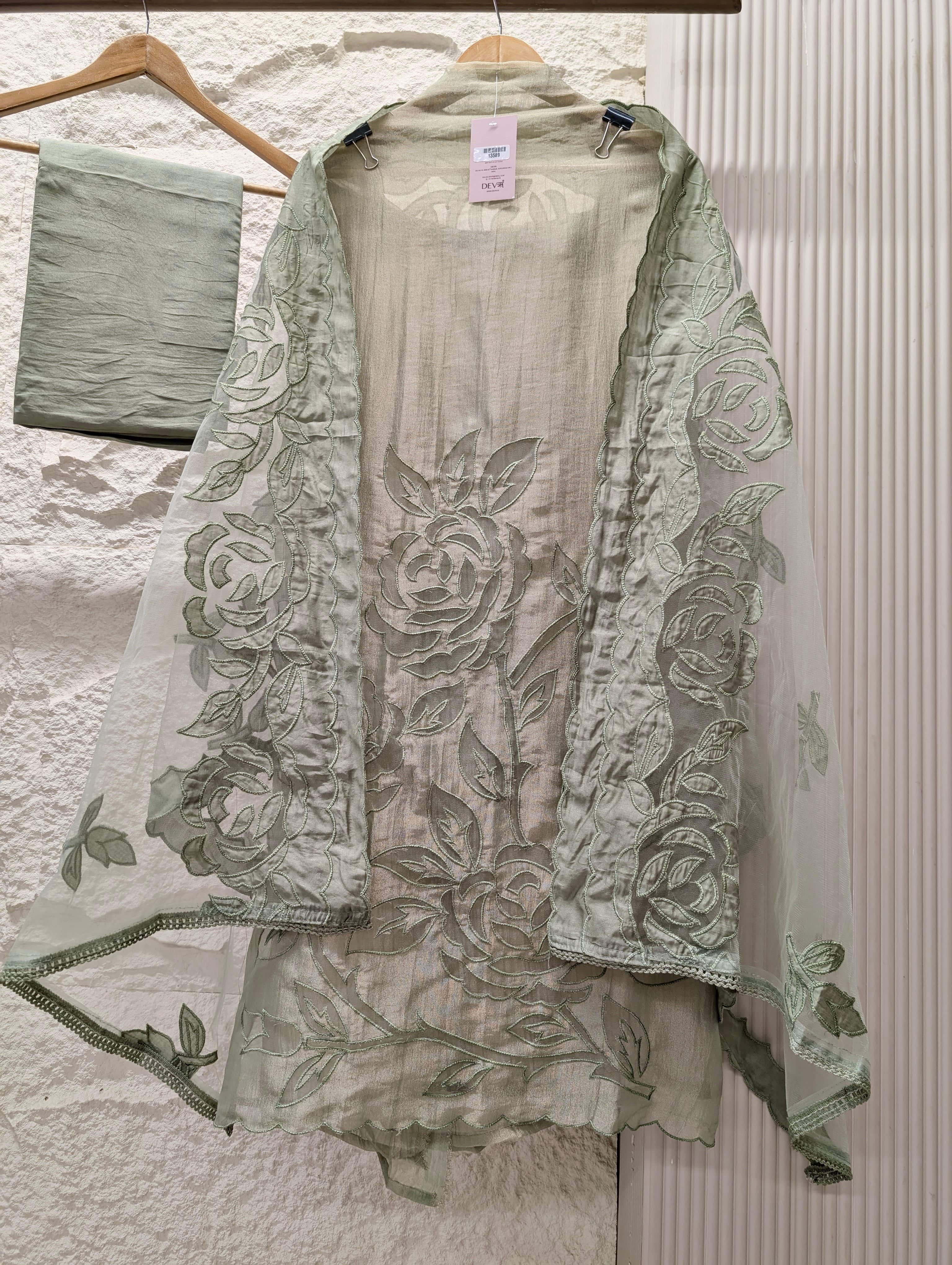 Sage Tissue Crush Silk Embroidered Unstitched 3-Piece Suit (Devri – D.No 13589)