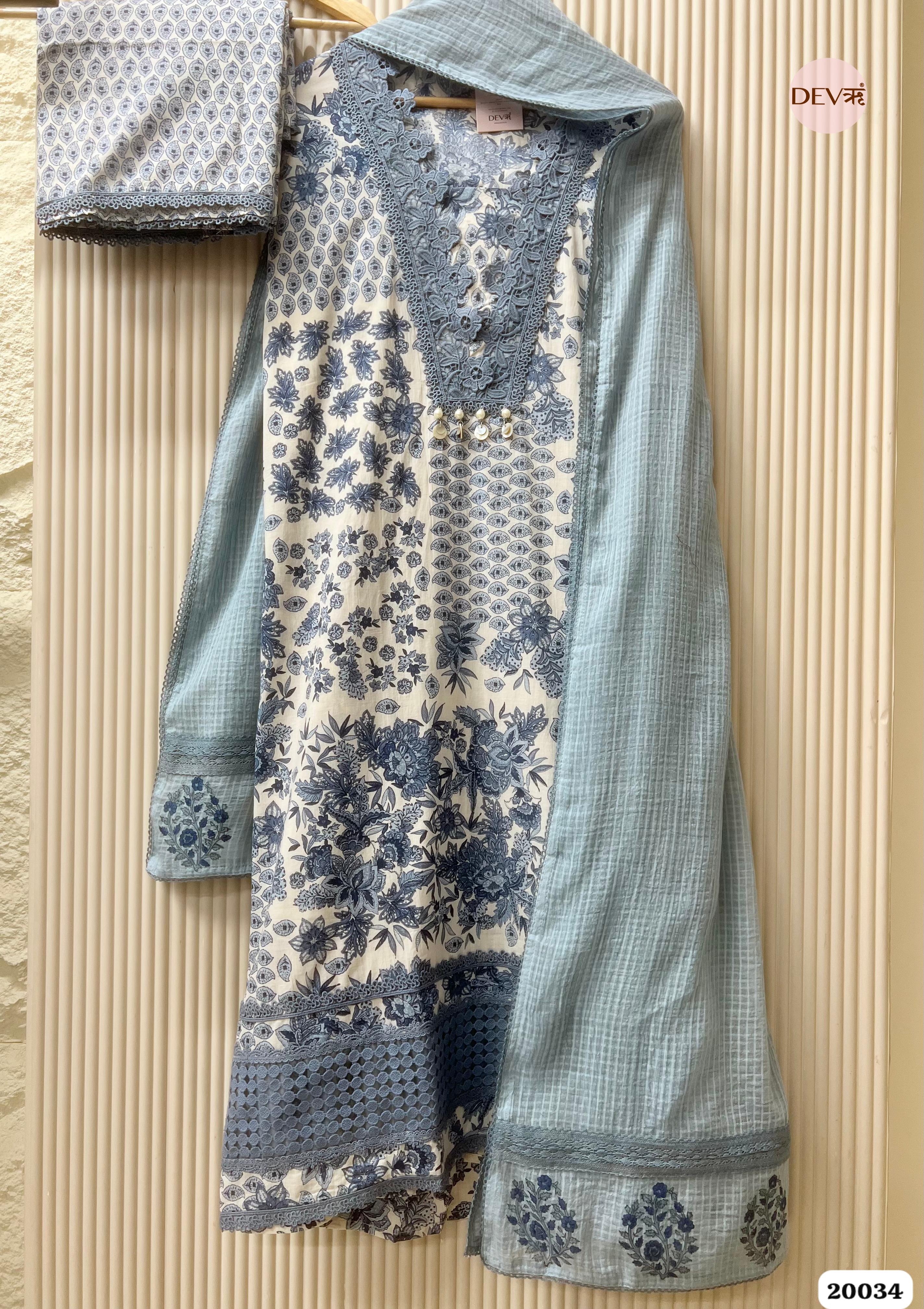Dusty Blue Pure Cotton Printed Unstitched 3-Piece Suit (Devri – D.No 20034)