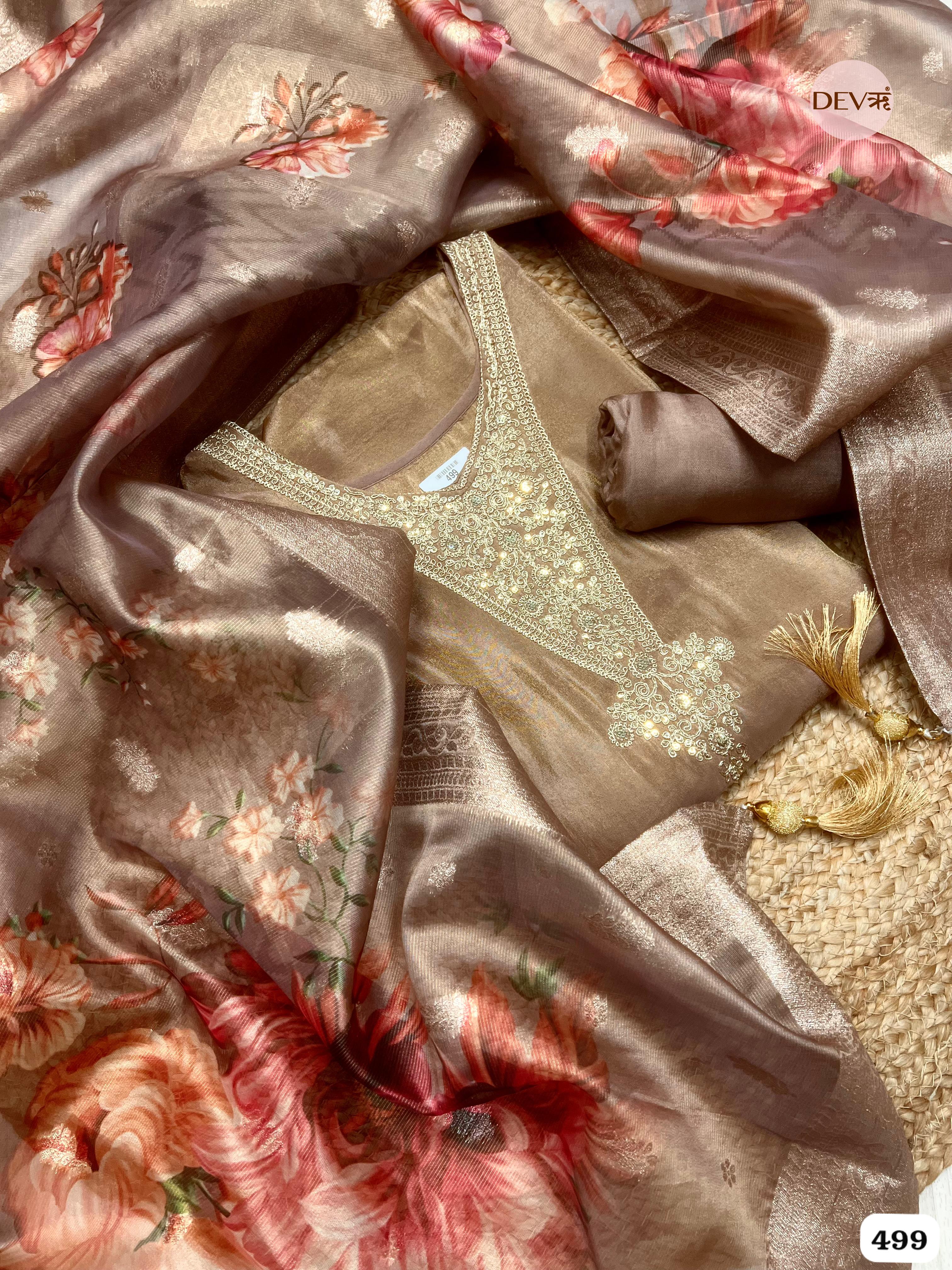 Bronze Tissue Silk Embroidered Unstitched 3-Piece Suit (Devri – D.No 499)