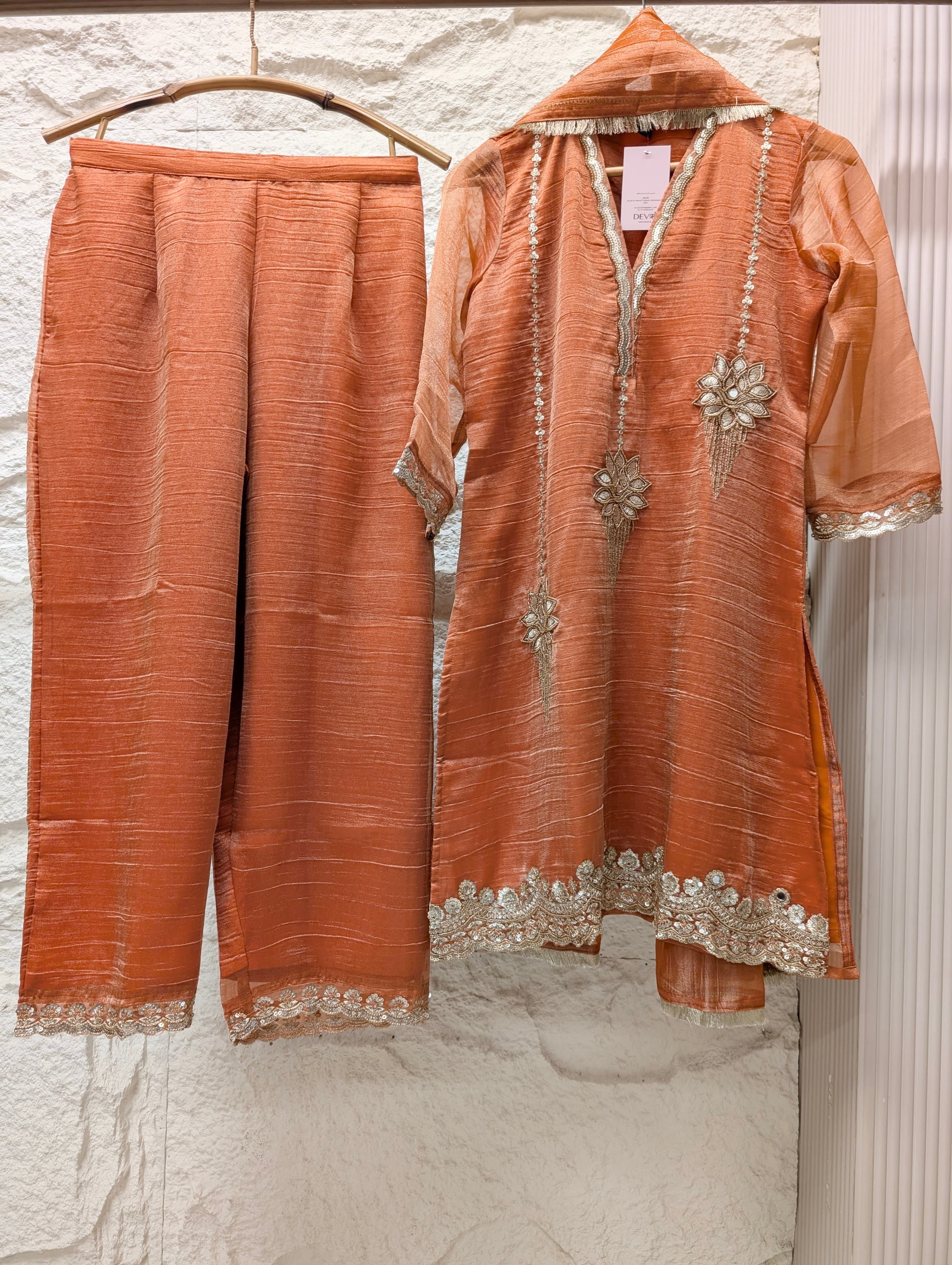 Gulnaar Tissue Silk Embroidered Rust 3-Piece Set (Devri – D.No 13784)