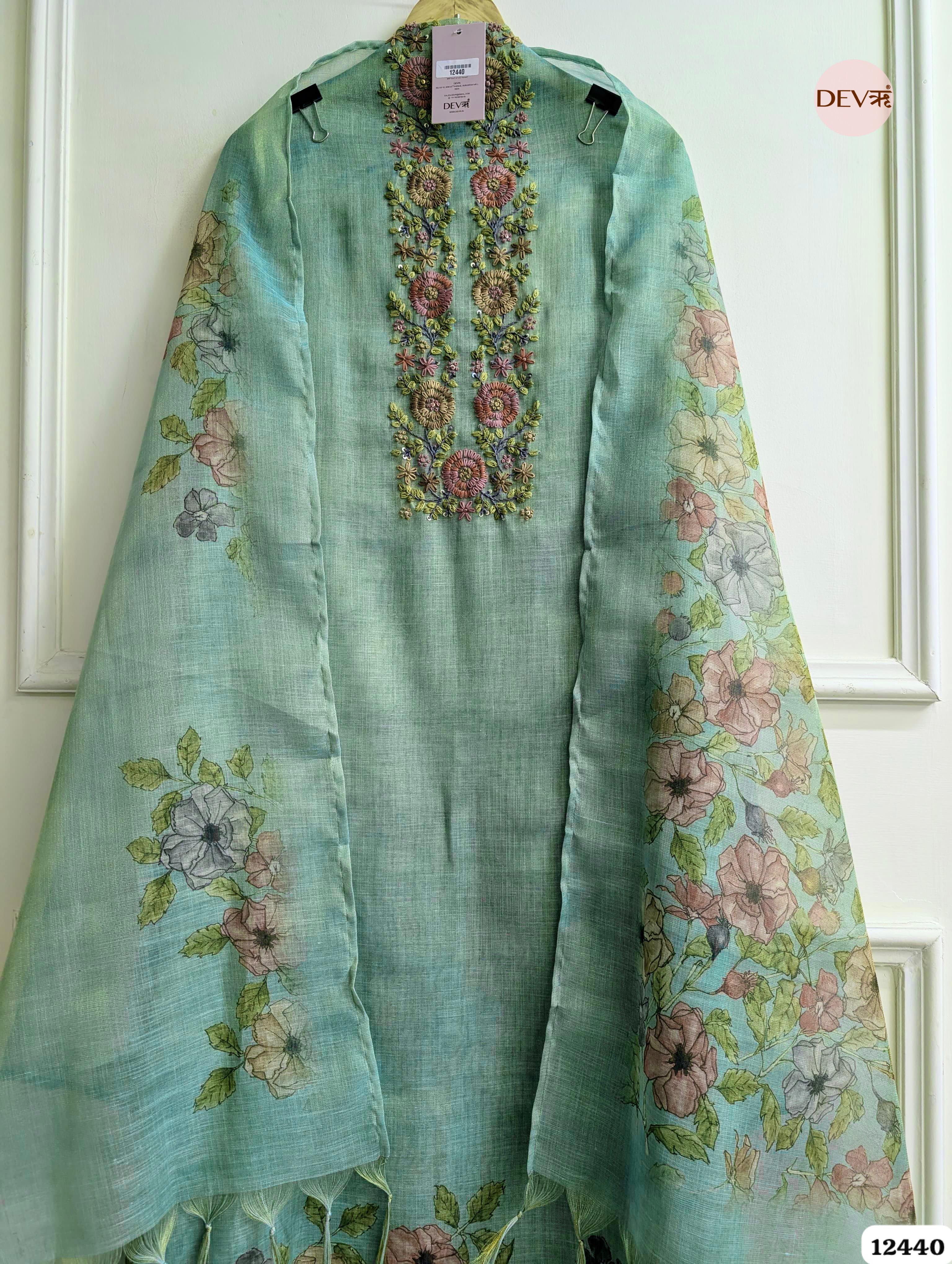 Mint Green Linen Printed Unstitched 3-Piece Suit (Devri – D.No. 12440)
