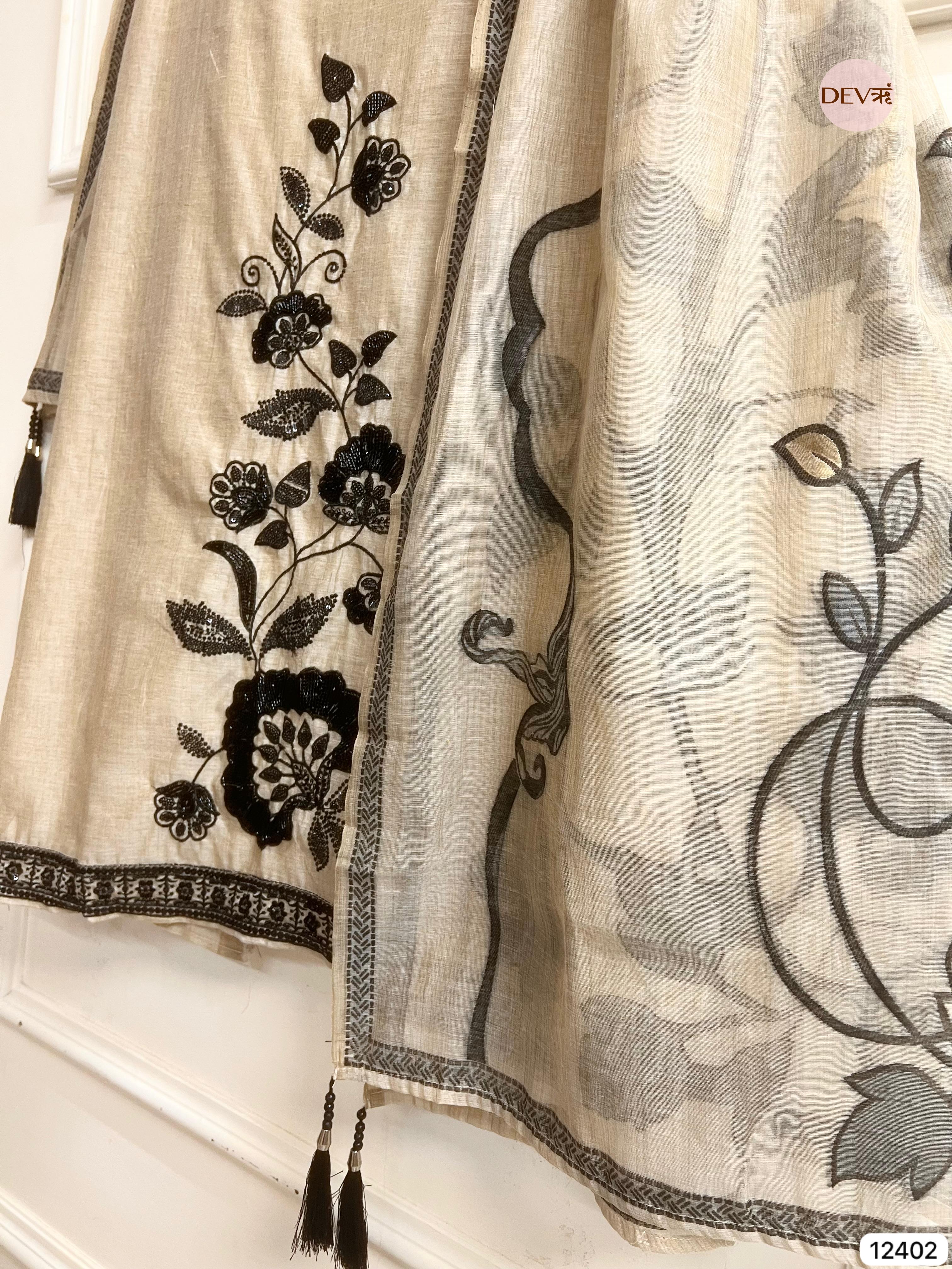 Beige Mul Chanderi Embroidered Unstitched 3-Piece Suit (Devri – D.No 12402)