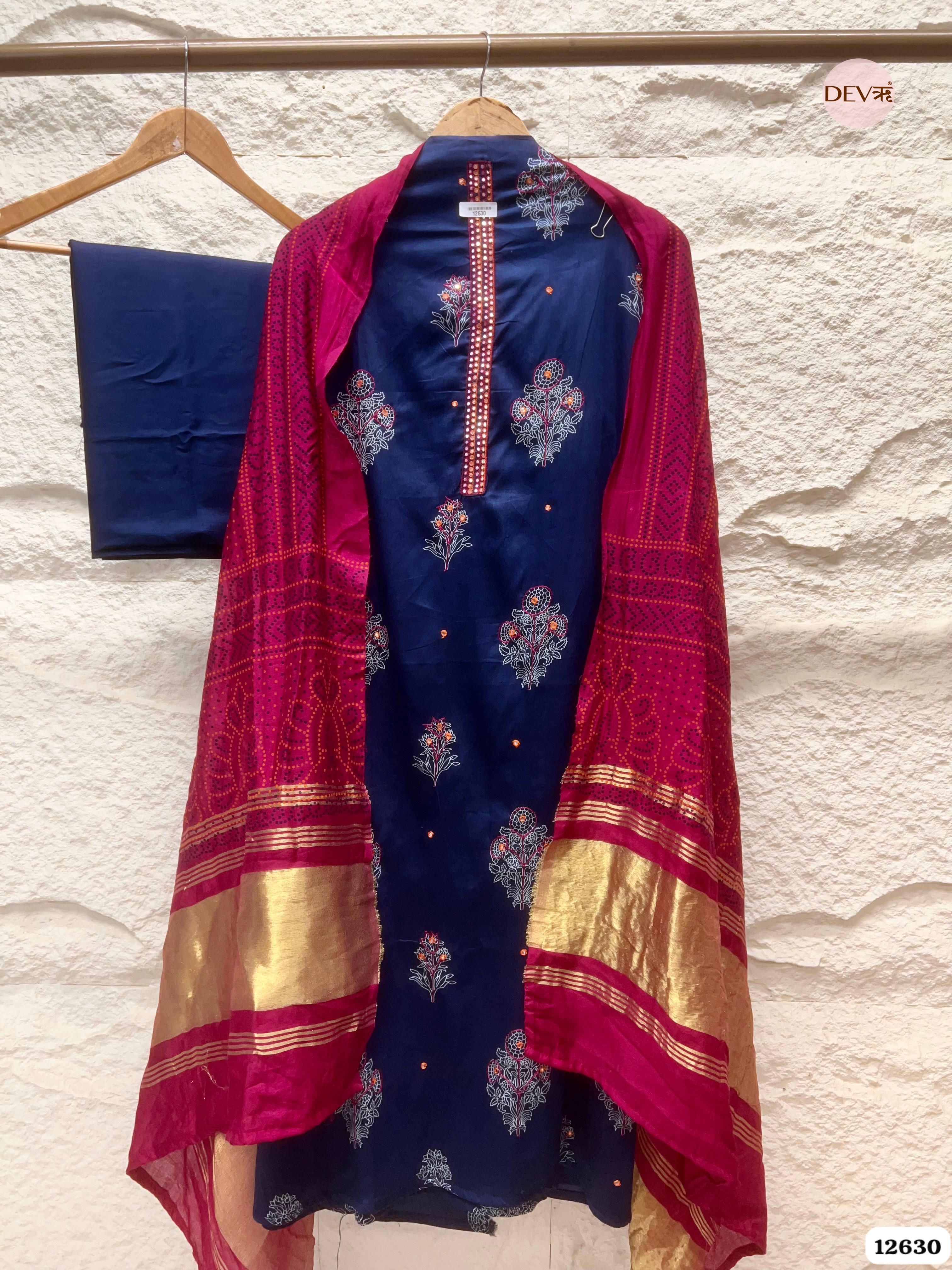 Navy Blue & Magenta Cotton Silk Unstitched 3-Piece Suit (Devri – D.No 12630)