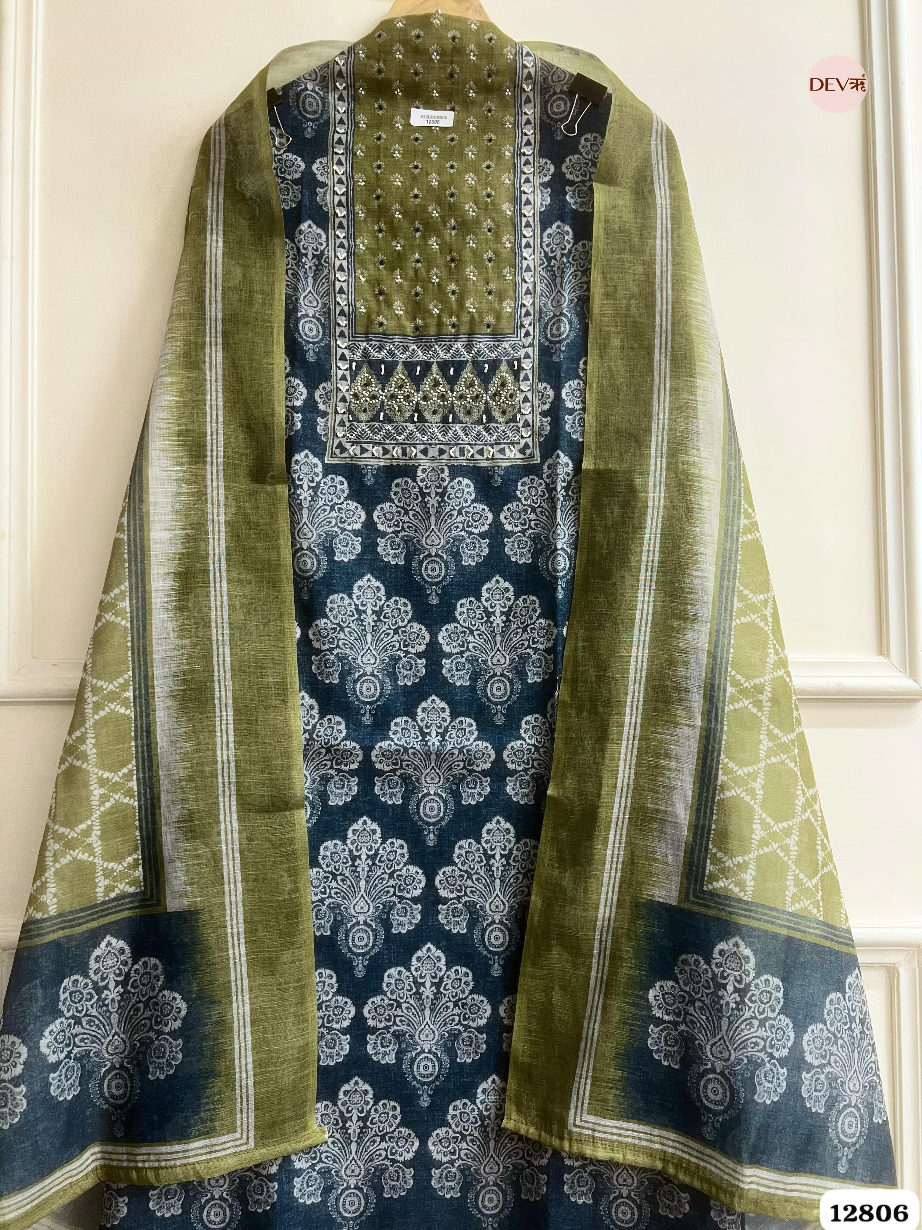 Olive Linen Cotton Printed Unstitched 3-Piece Suit (Devri – D.No 12806)