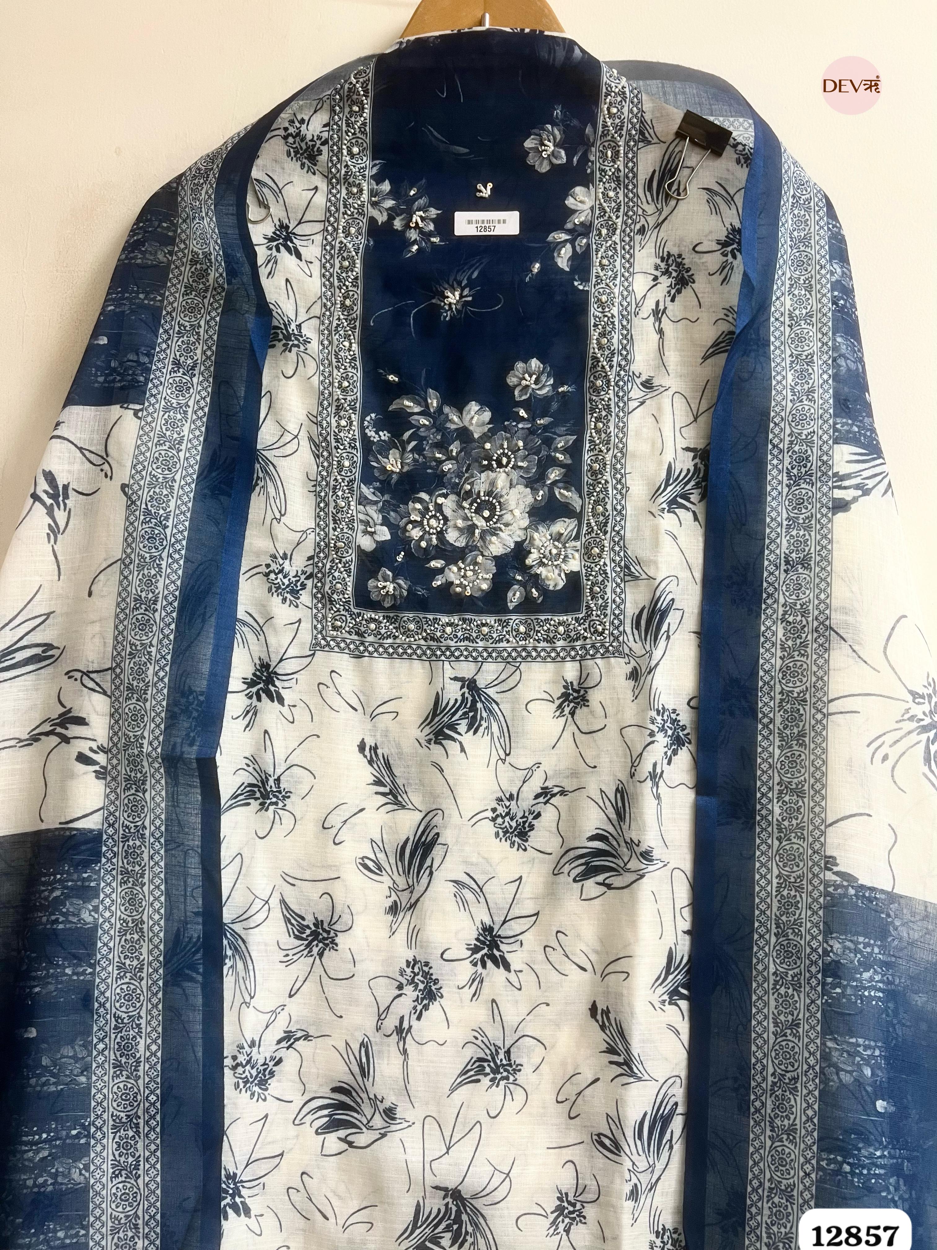 Navy Linen Cotton Printed Unstitched 3-Piece Suit (Devri – D.No 12857)