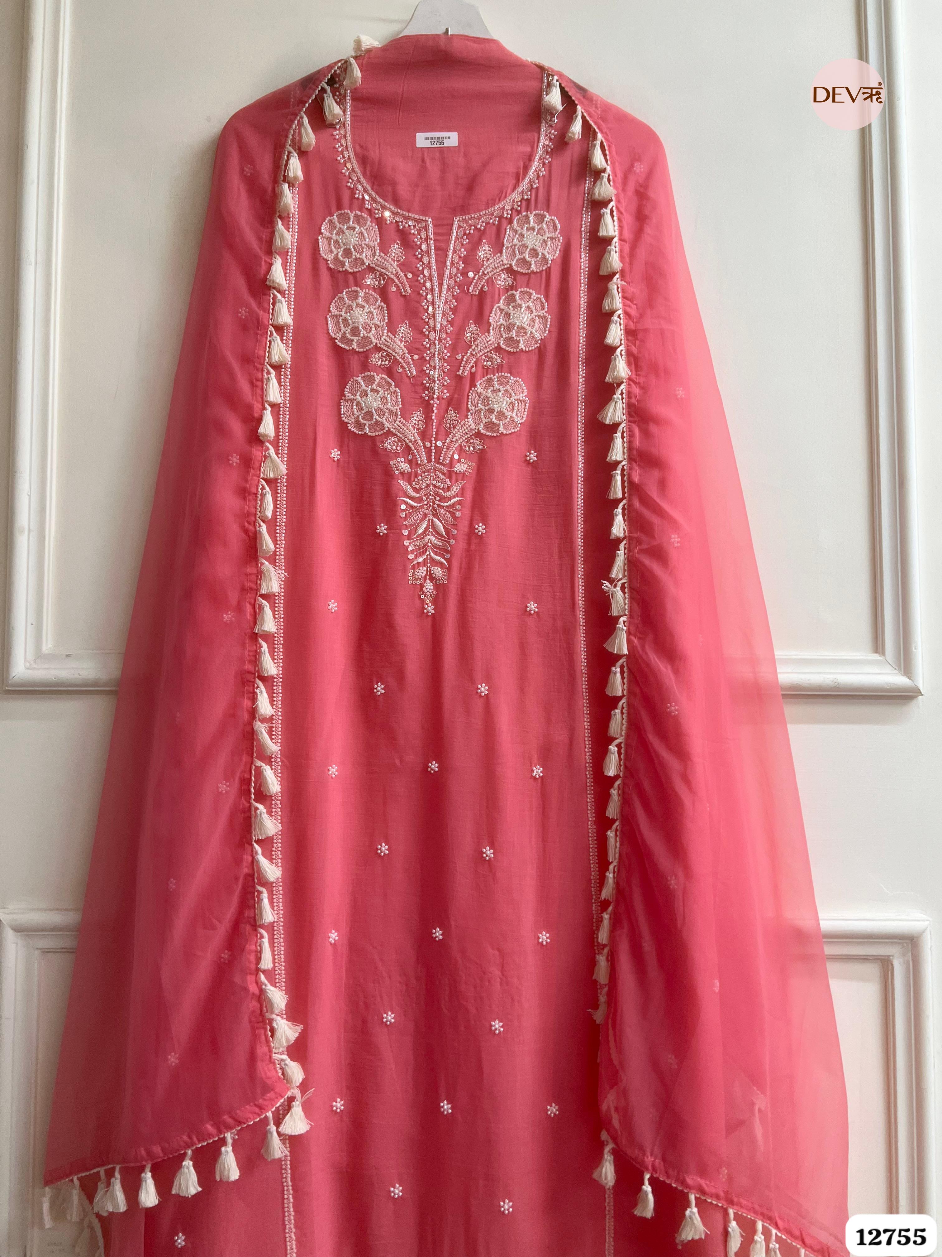 Coral Pink Mul Cotton Embroidered Unstitched 3-Piece Suit (Devri – D.No 12755)