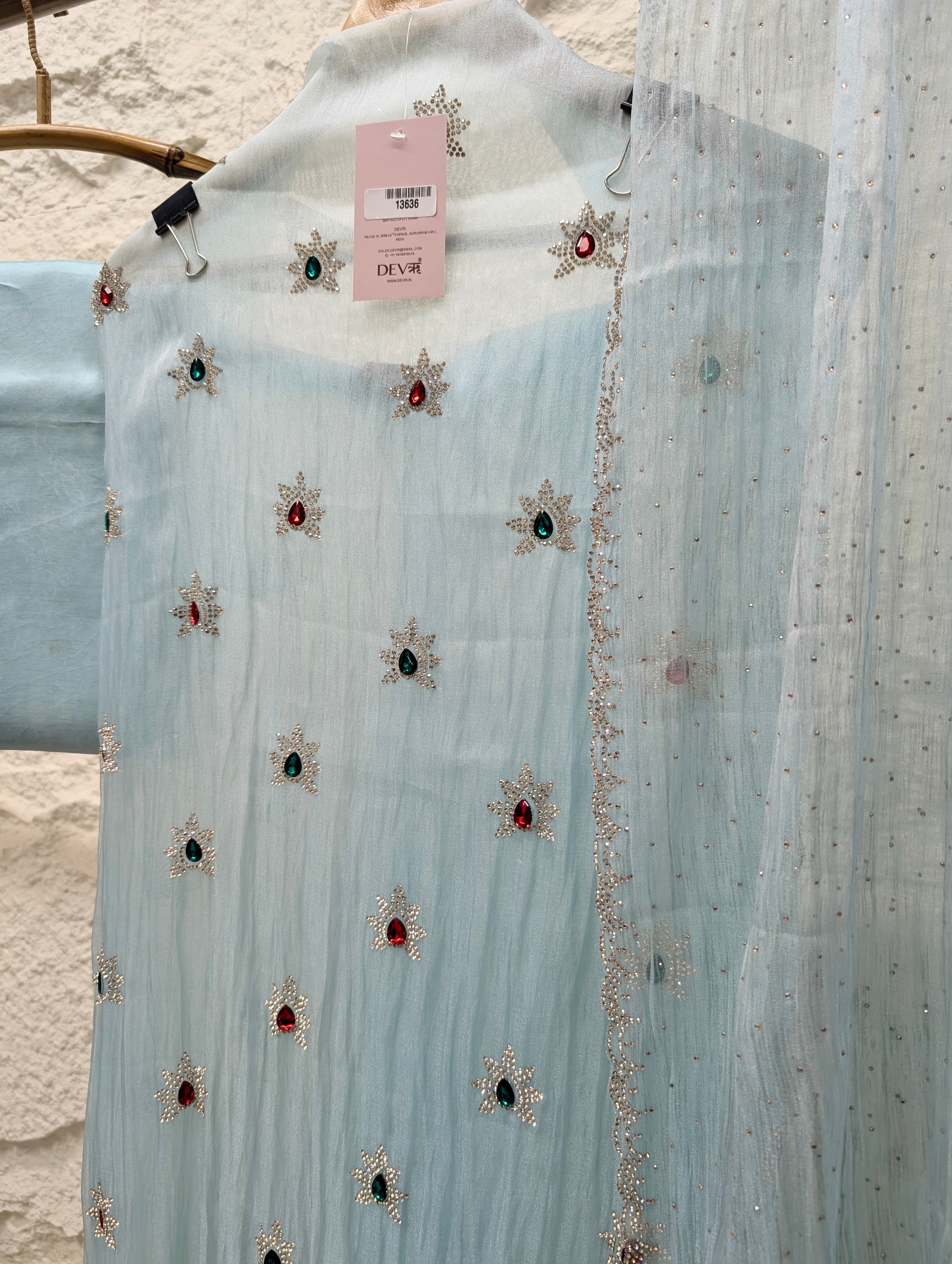 Blue Pure Organza Silk Hand Unstitched 3-Piece Suit (Devri – D.No 13636)