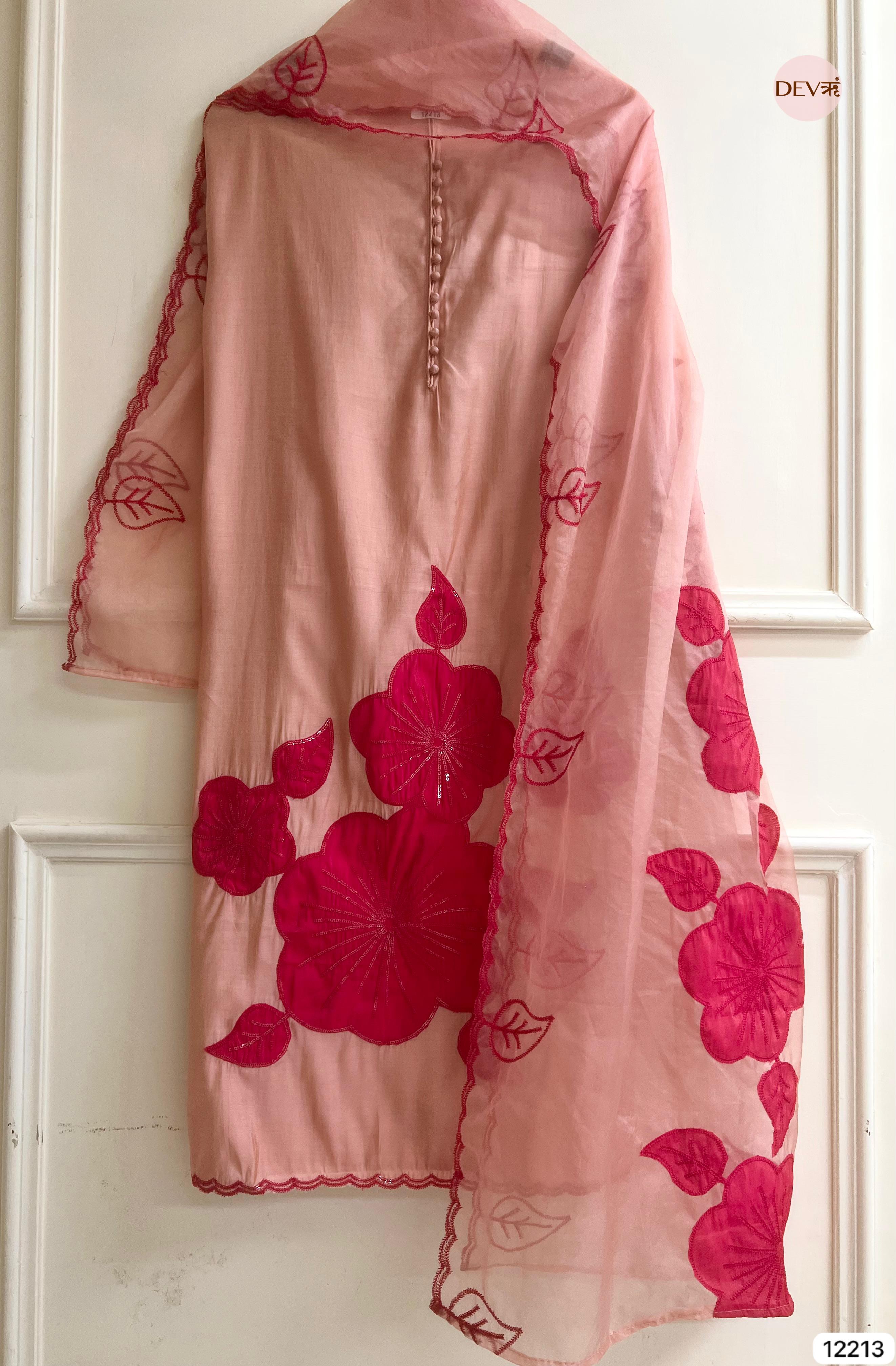 Peach Modal Silk Embroidered Unstitched 3-Piece Suit (Devri – D.No 12213)