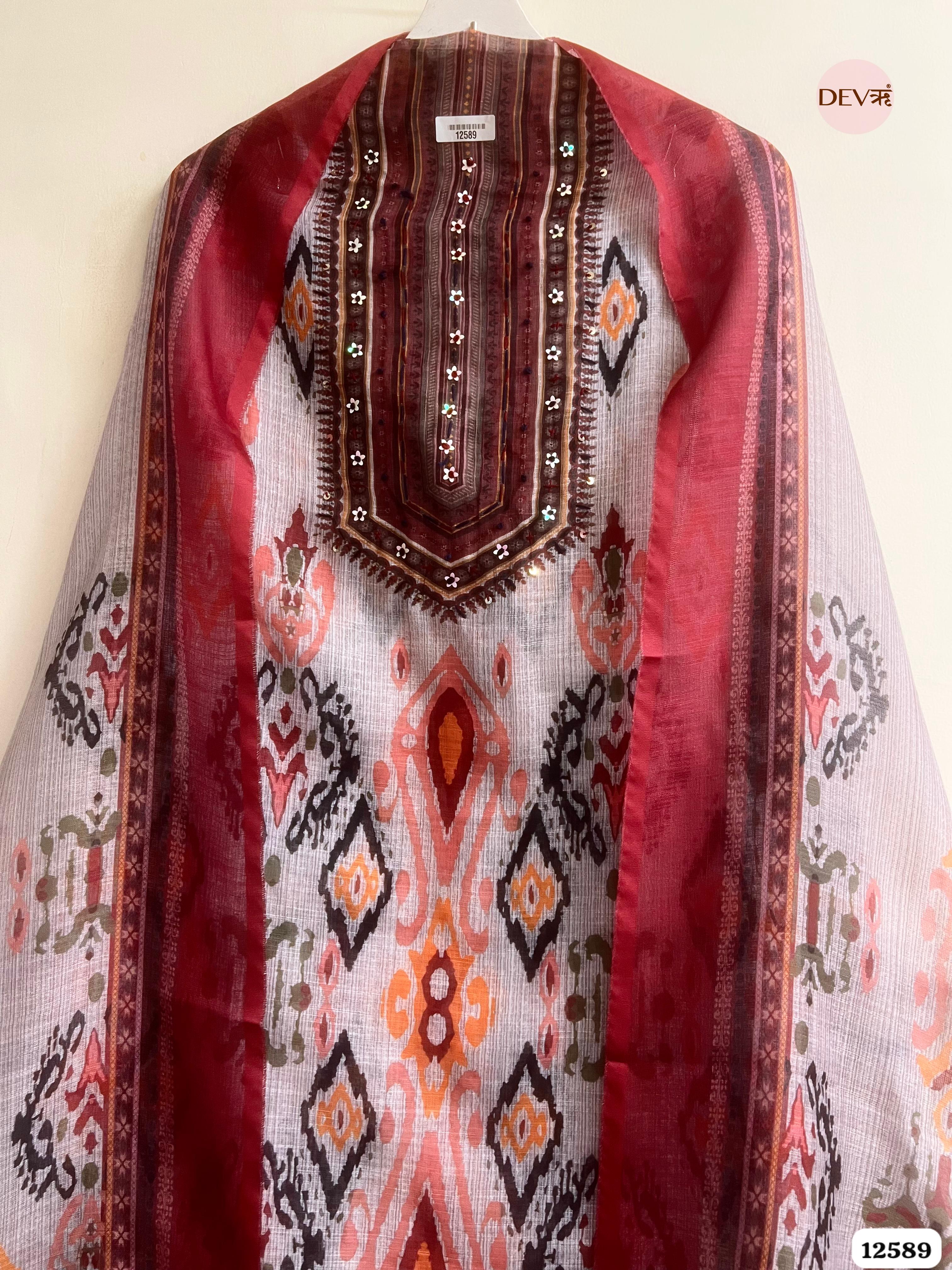 Maroon linen Printed Unstitched 3-Piece Suit (Devri – D.No 12589)