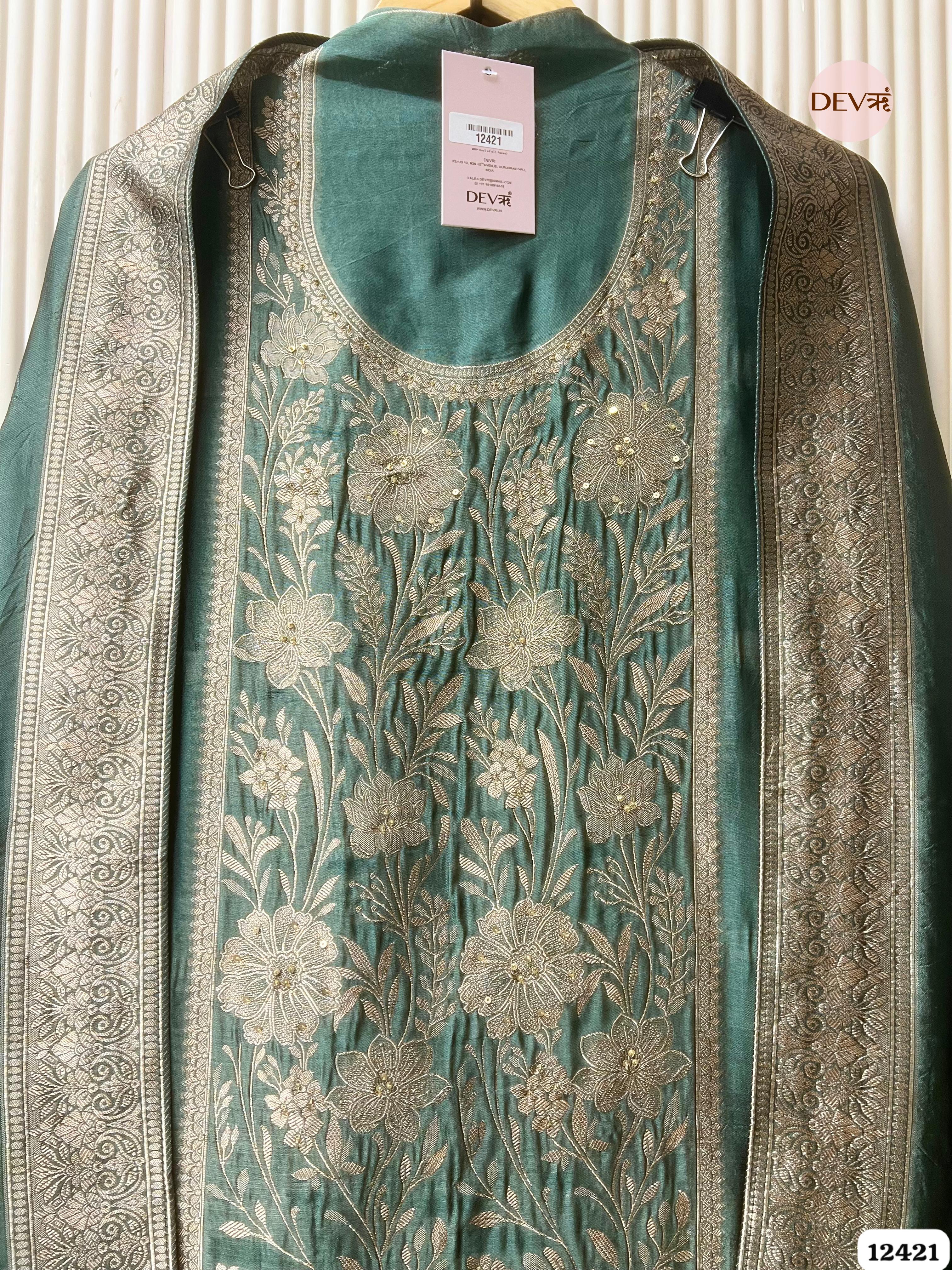 Teal Banarasi Silk Embroidered Unstitched 3-Piece Suit (Devri – D.No. 12421 )