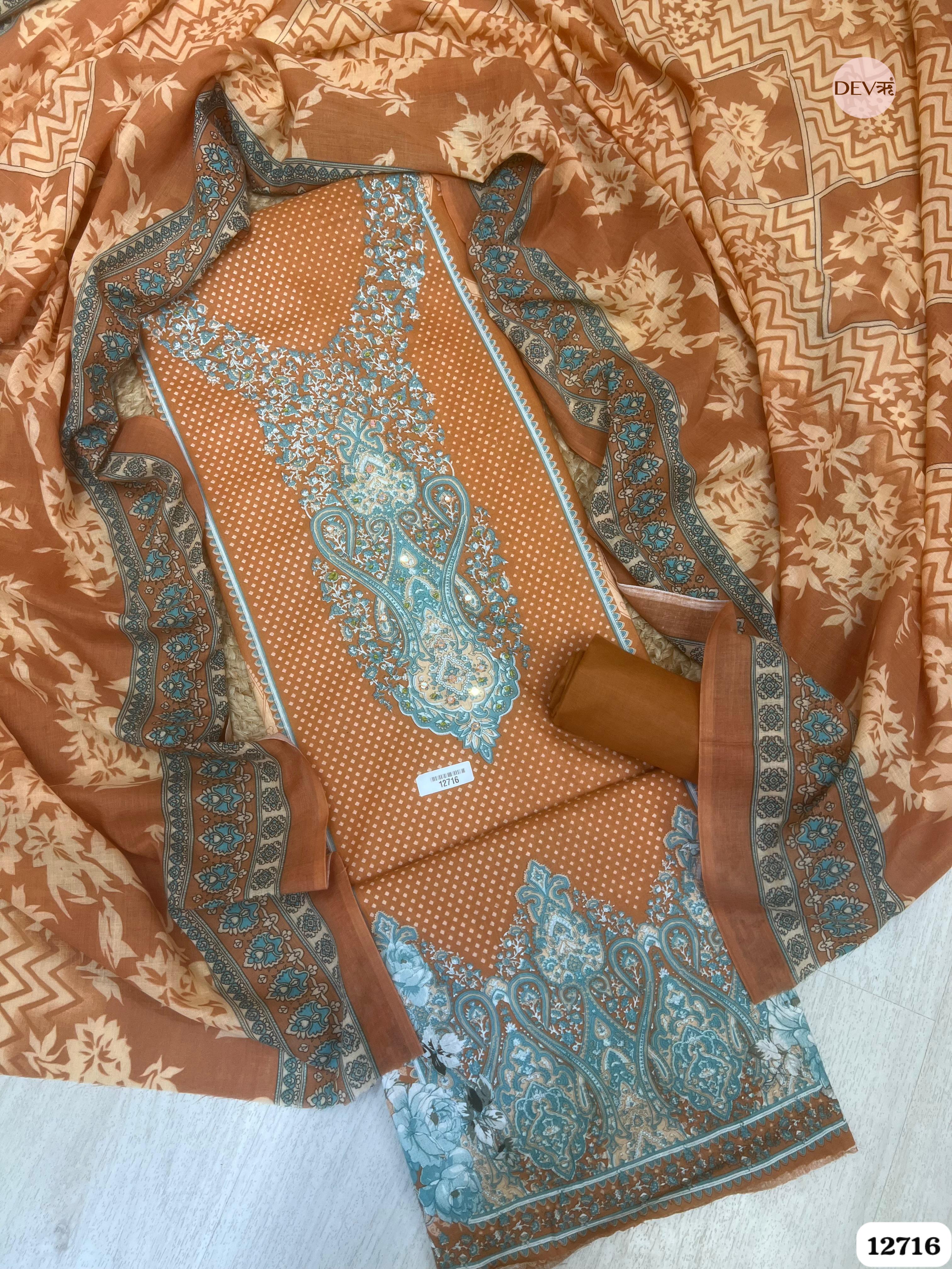 Rust Cotton Printed Unstitched 3-Piece Suit (Devri – D.No 12716)