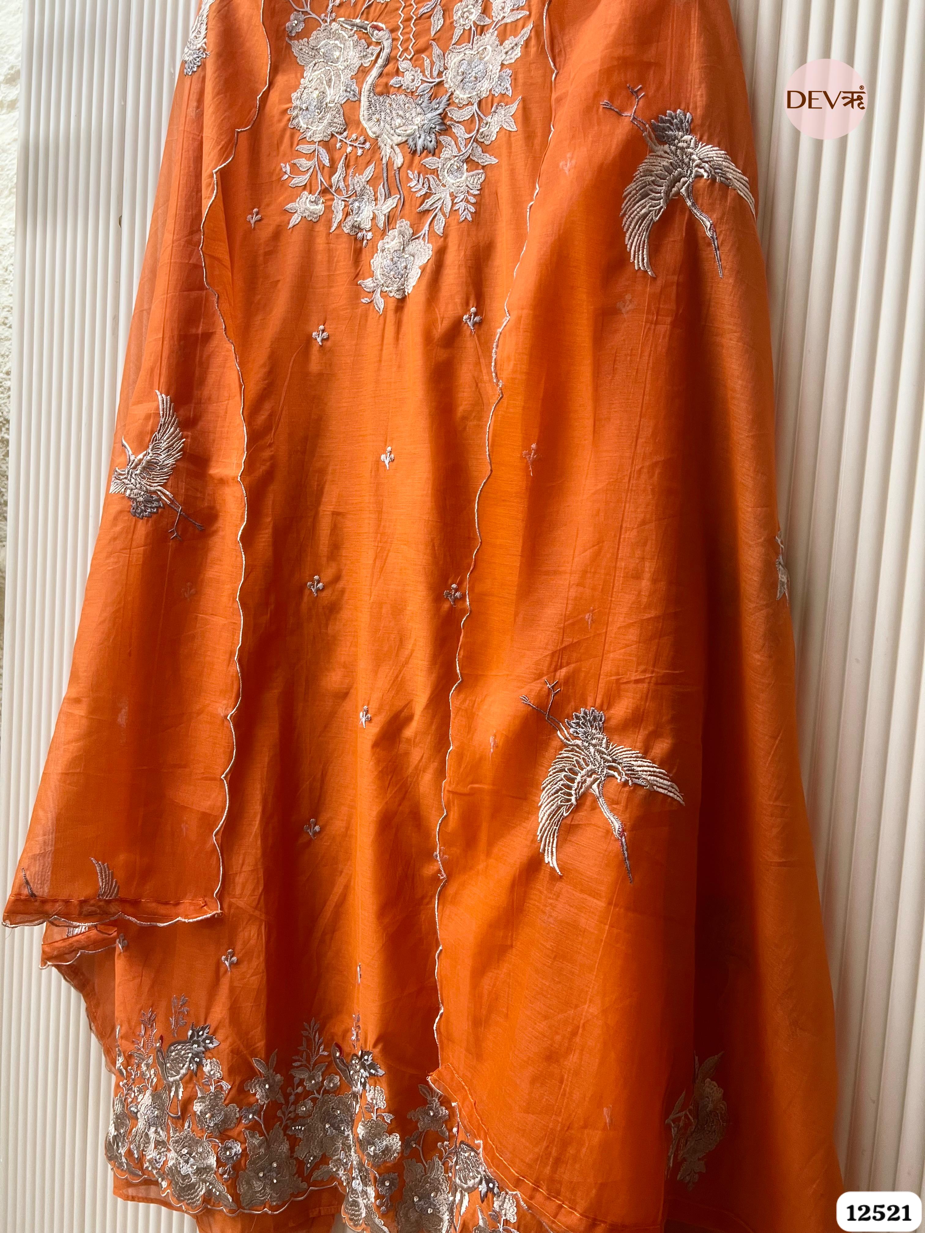 Orange Pure Mul Chanderi Embroidered Unstitched 3-Piece Suit (Devri – D.No 12521)