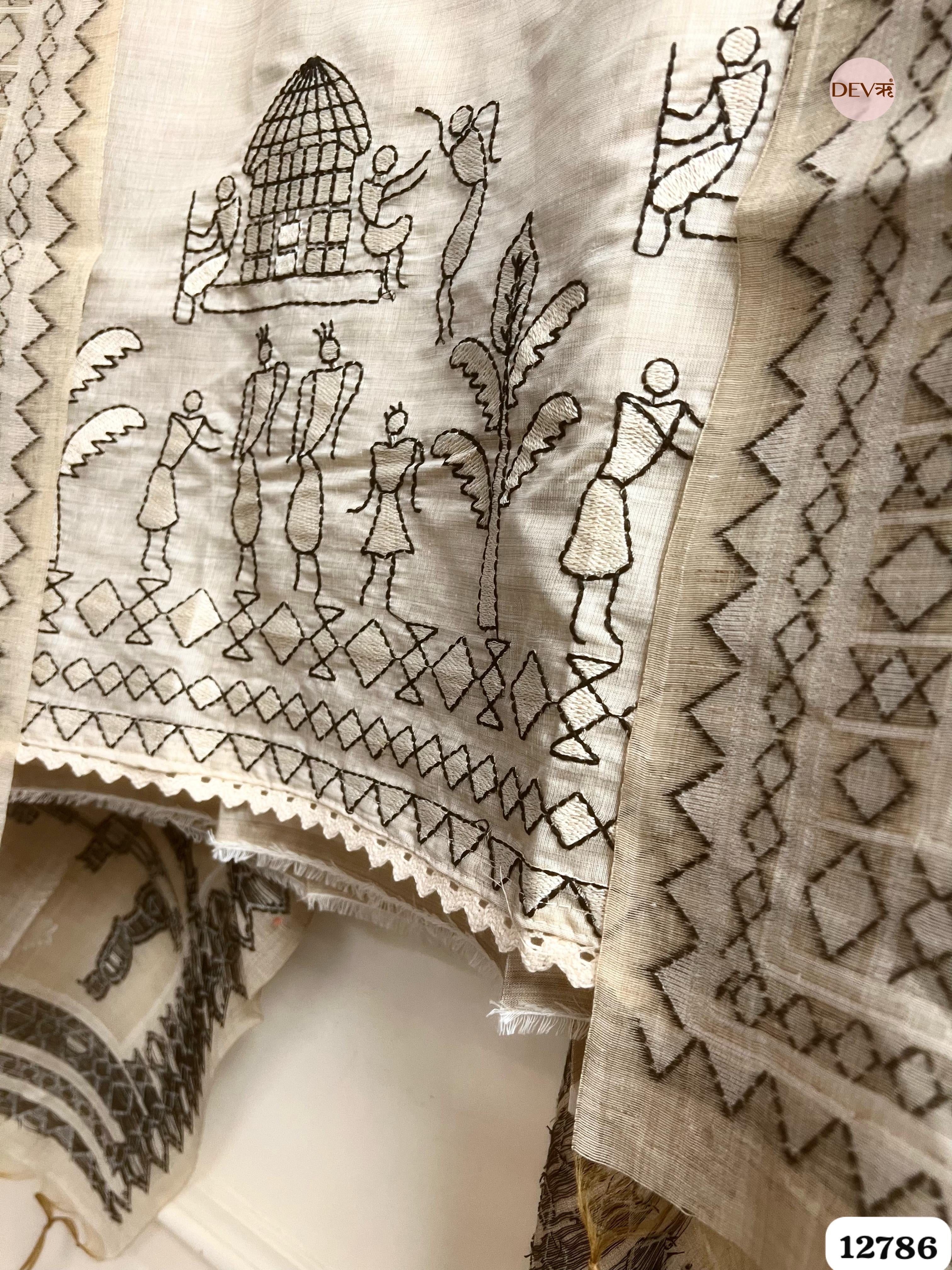 Beige Mul Chanderi Printed Unstitched 3-Piece Suit (Devri – D.No 12786)