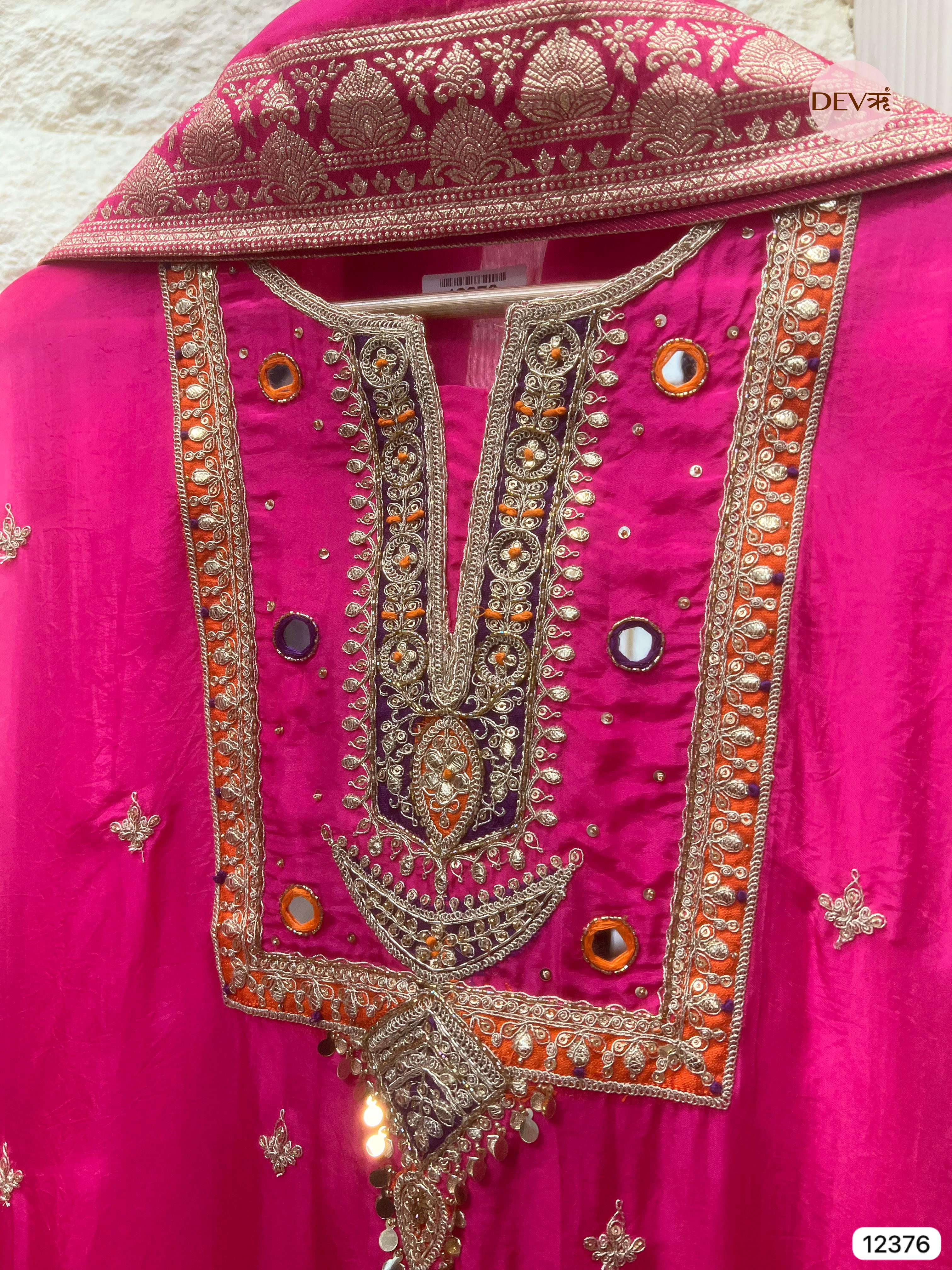 Rani Pink Organza Silk Embroidered Unstitched 3-Piece Suit (Devri – D.No 12376)