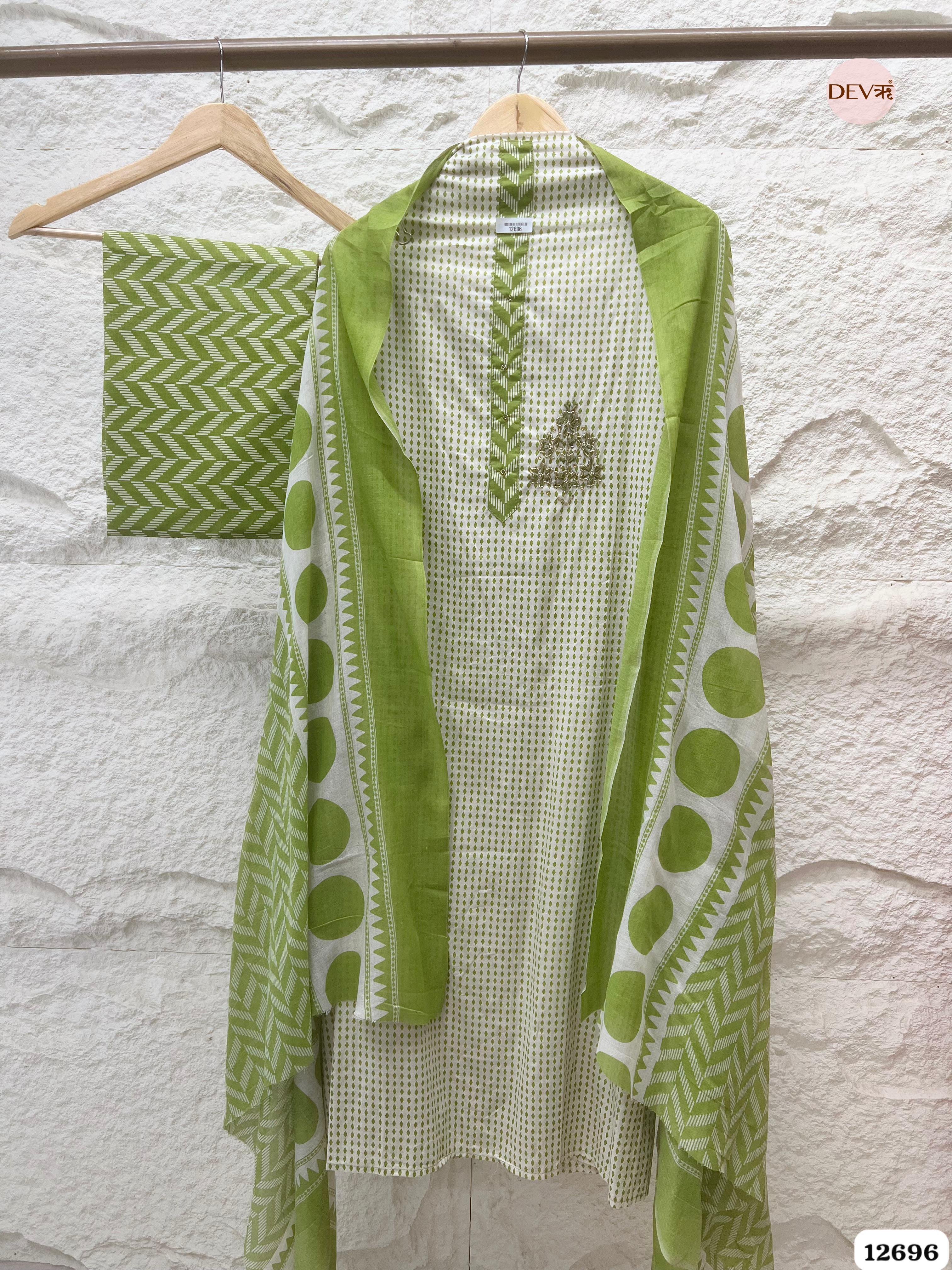 Lime Green Cotton Printed Unstitched 3-Piece Suit (Devri – D.No 12696)