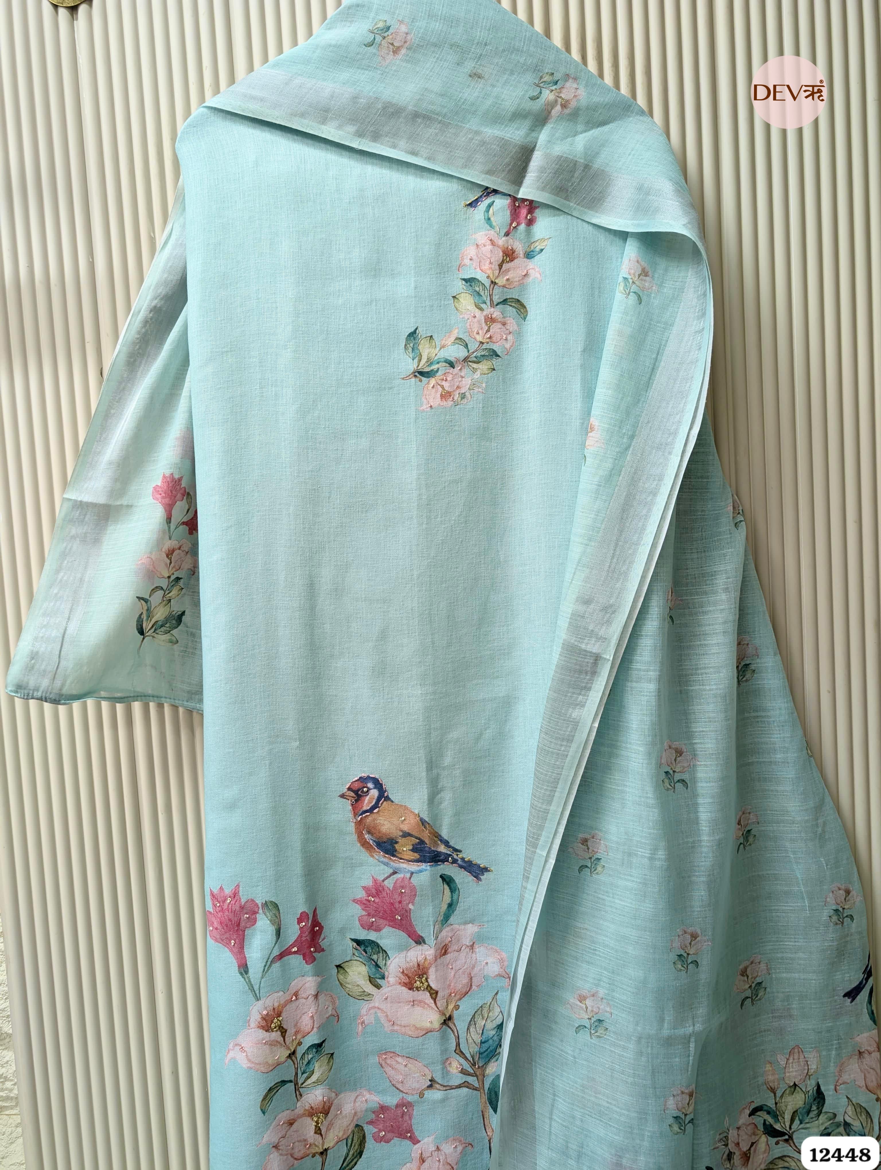 Aqua Blue Linen Cotton Printed Unstitched 3-Piece Suit (Devri – D.No.12448)