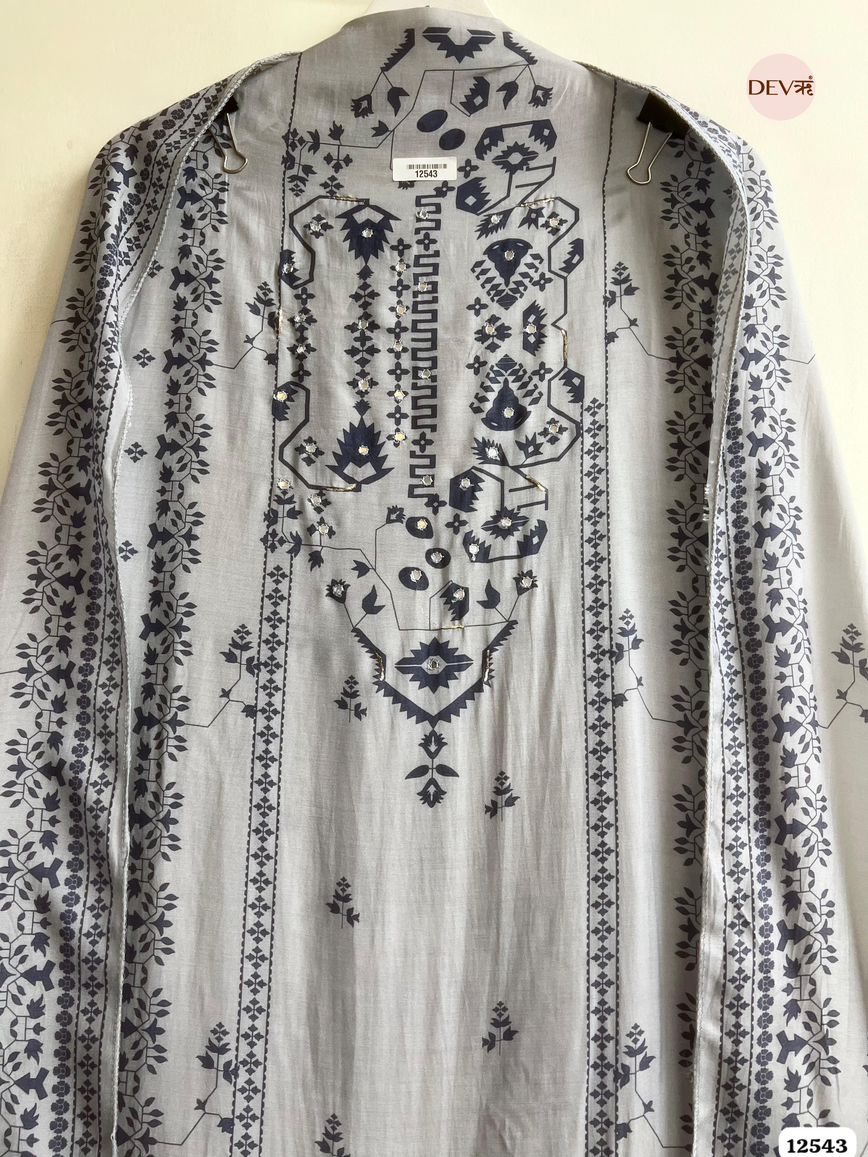 Grey Muslin Printed Unstitched 3-Piece Suit (Devri – D.No. 12543)