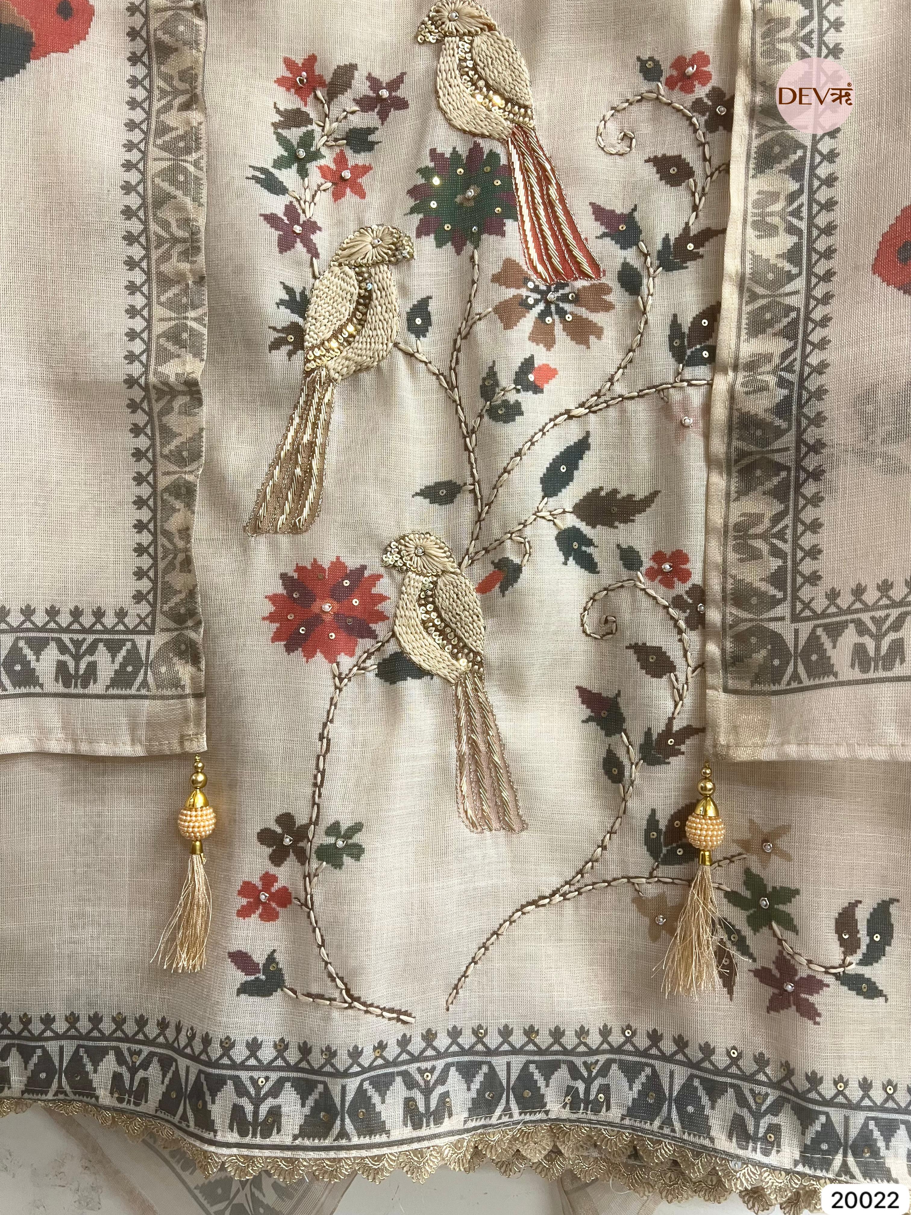 Ivory Linen Cotton Embroidered Unstitched 3-Piece Suit (Devri – D.No 20022)