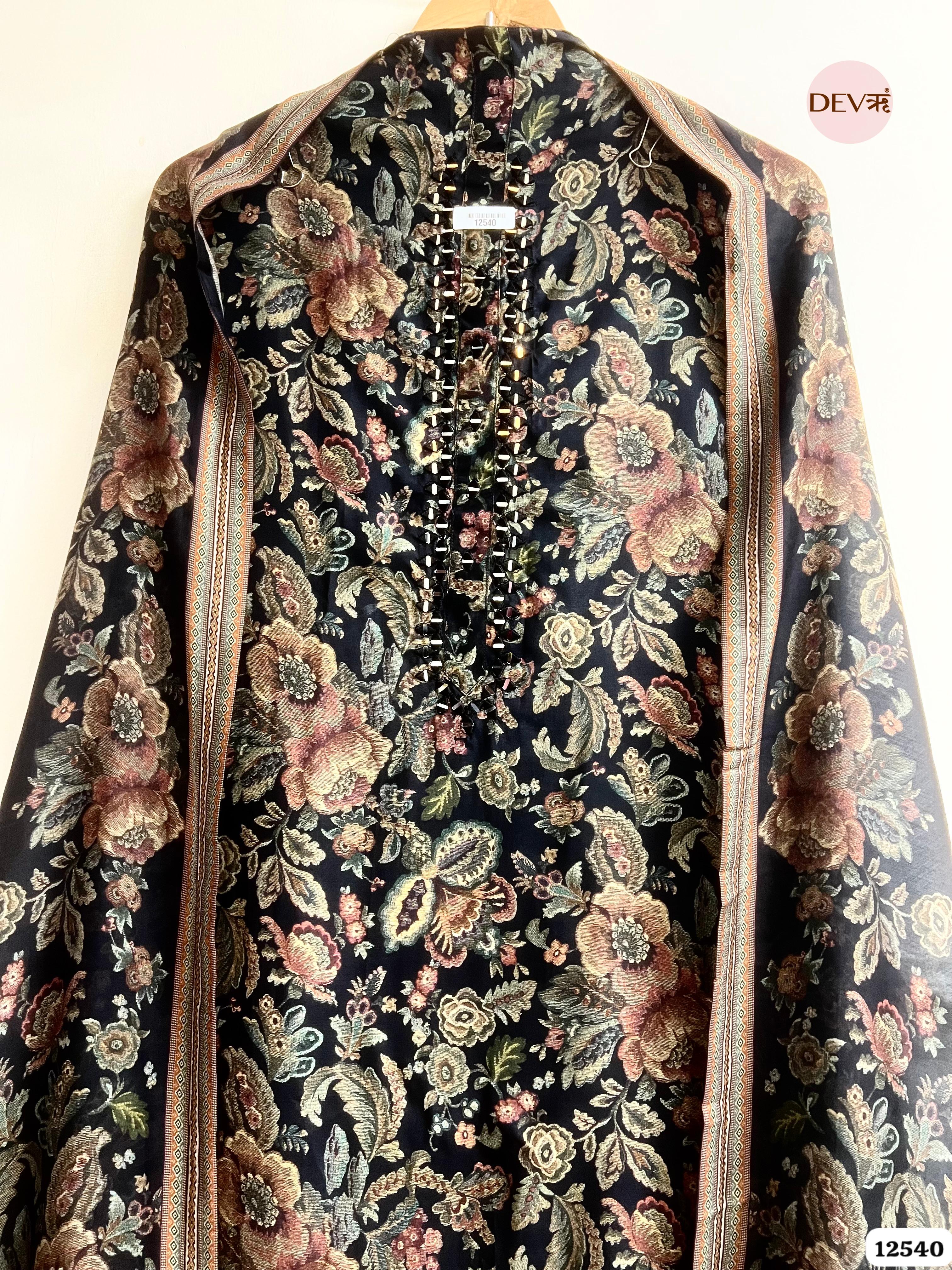 Black Muslin Printed Unstitched 3-Piece Suit (Devri – D.No. 12540)