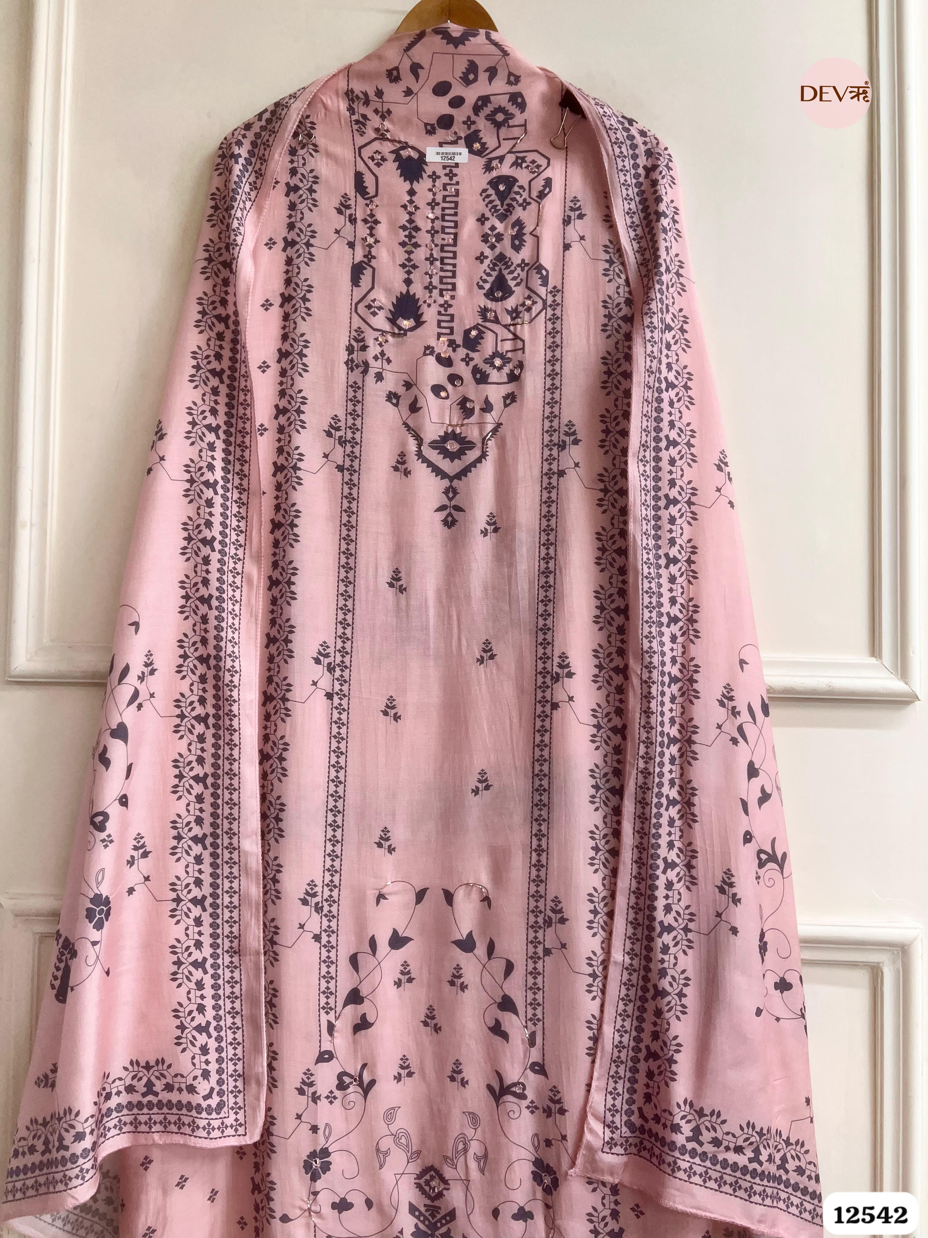 Pink Muslin Printed Unstitched 3-Piece Suit (Devri – D.No 12542)