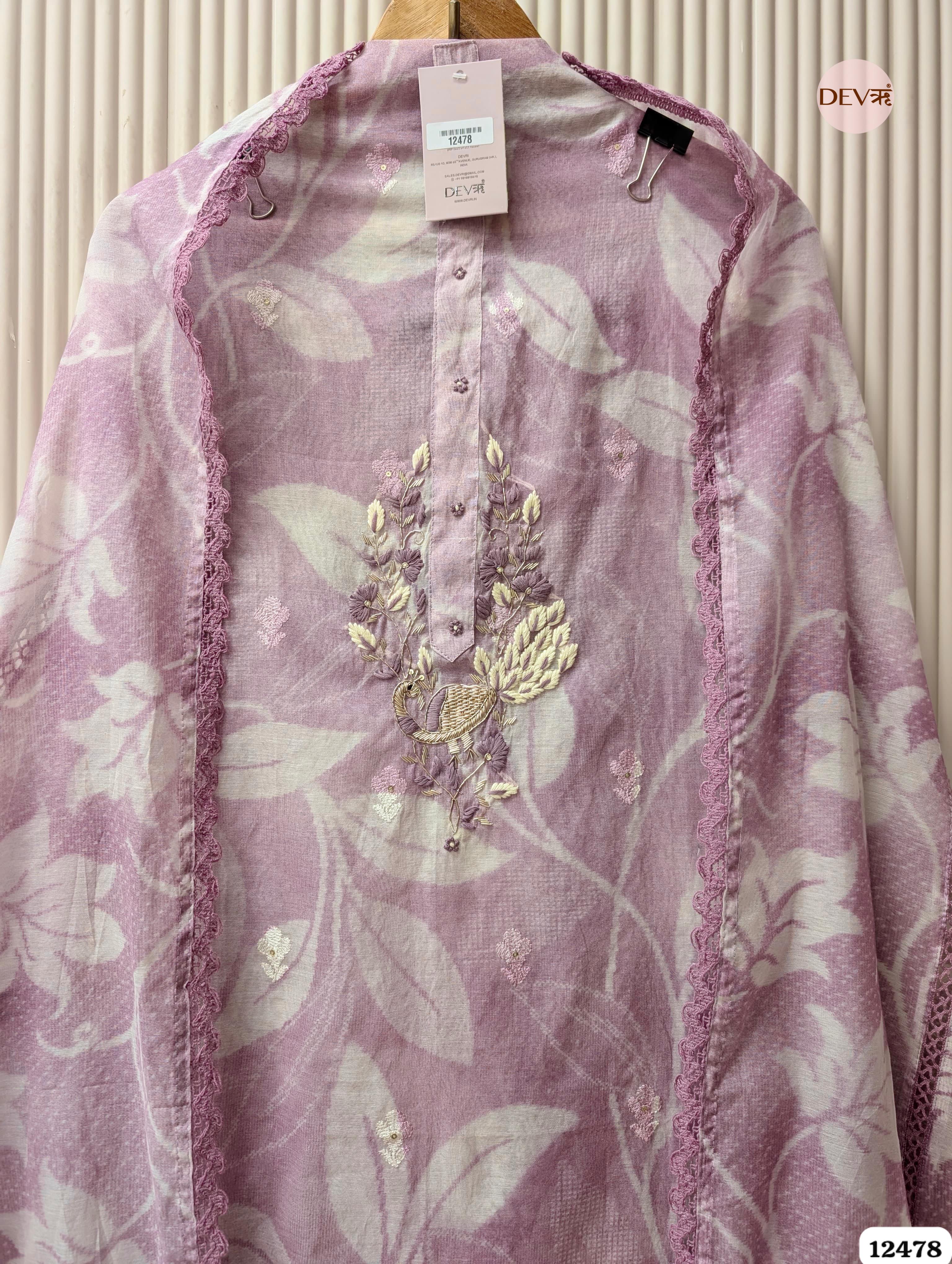 Title: Mauve Mul Chanderi Embroidered Unstitched 3-Piece Suit (Devri – D.No 12478)