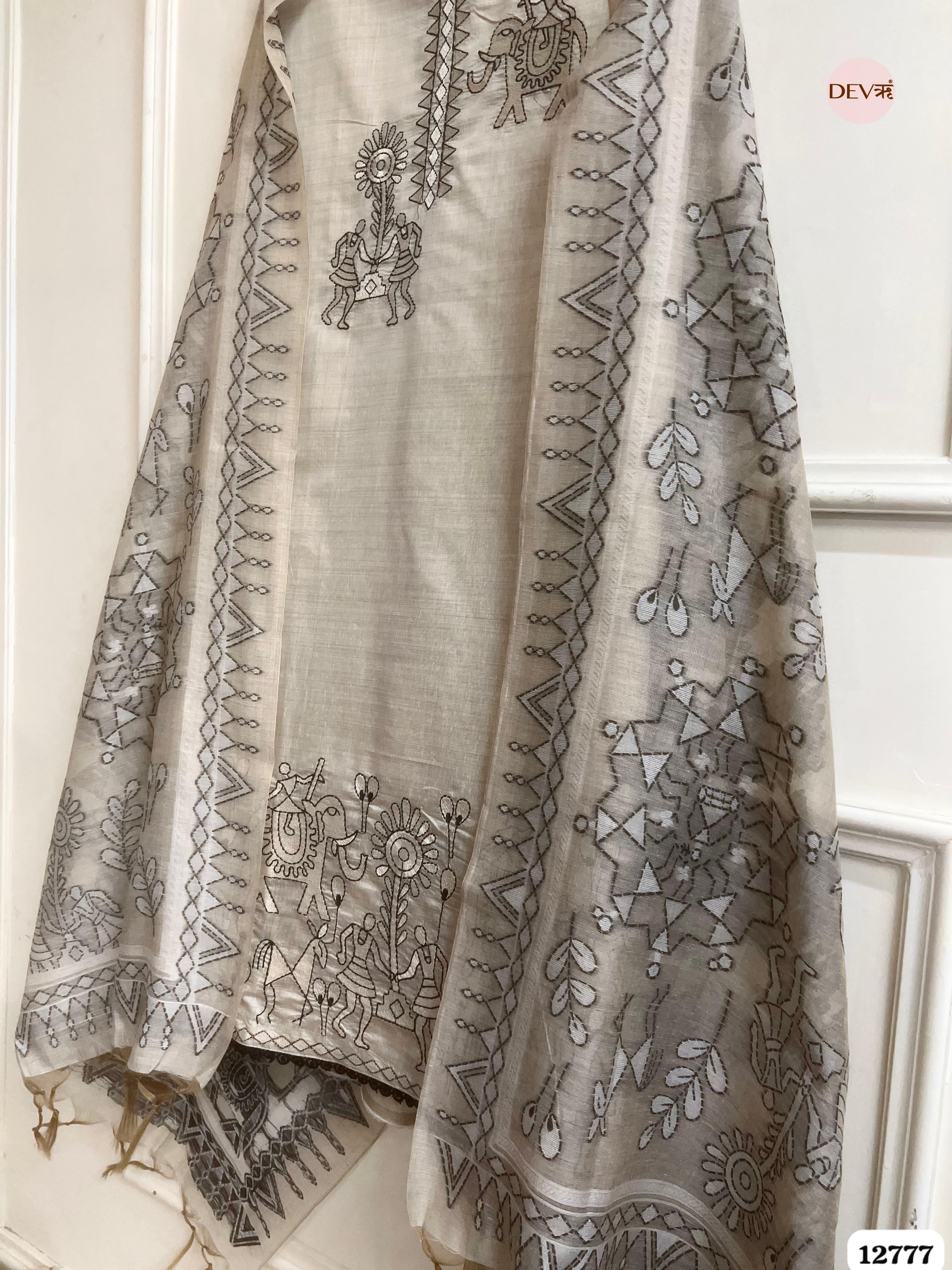 Ivory Mul Chanderi Embroidered Unstitched 3-Piece Suit (Devri – D.No 12777)