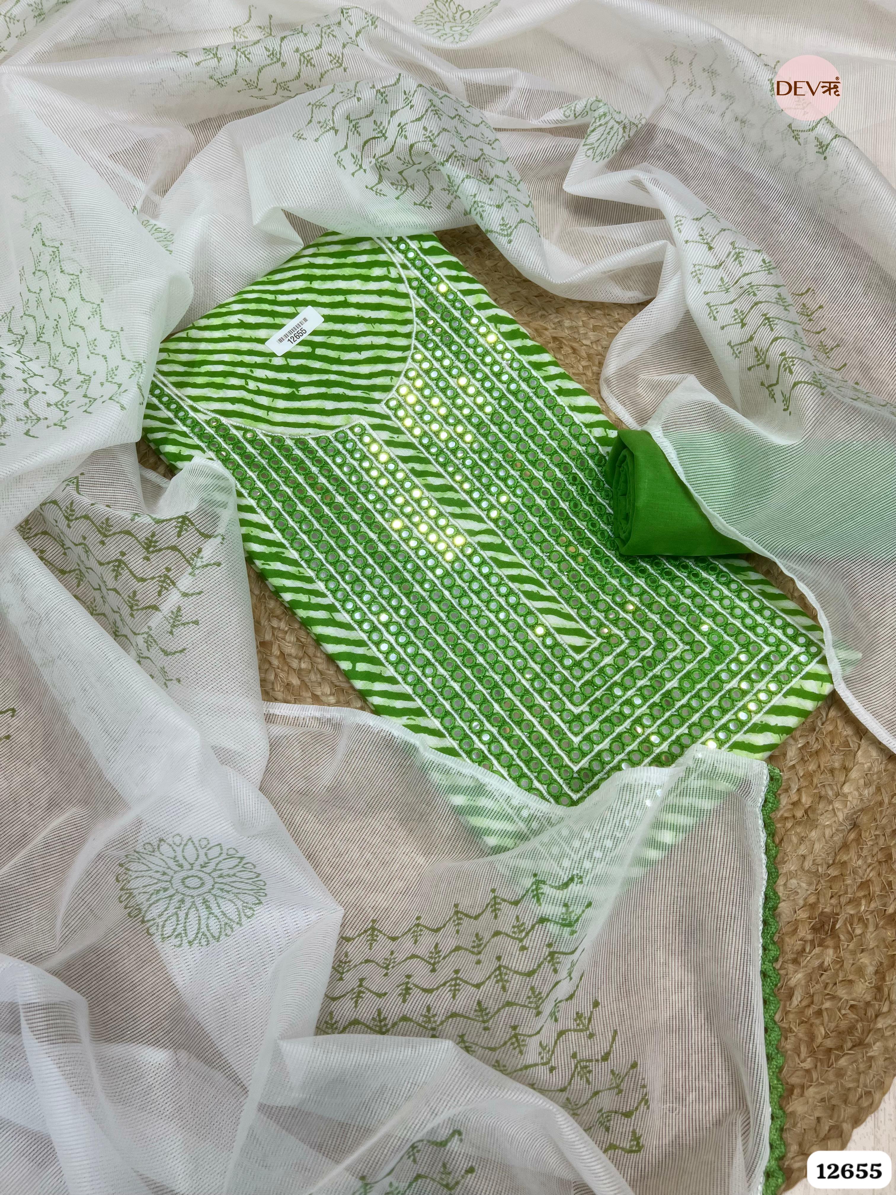 Green Cotton Leheriya Printed & Embroidered 3-Piece Suit