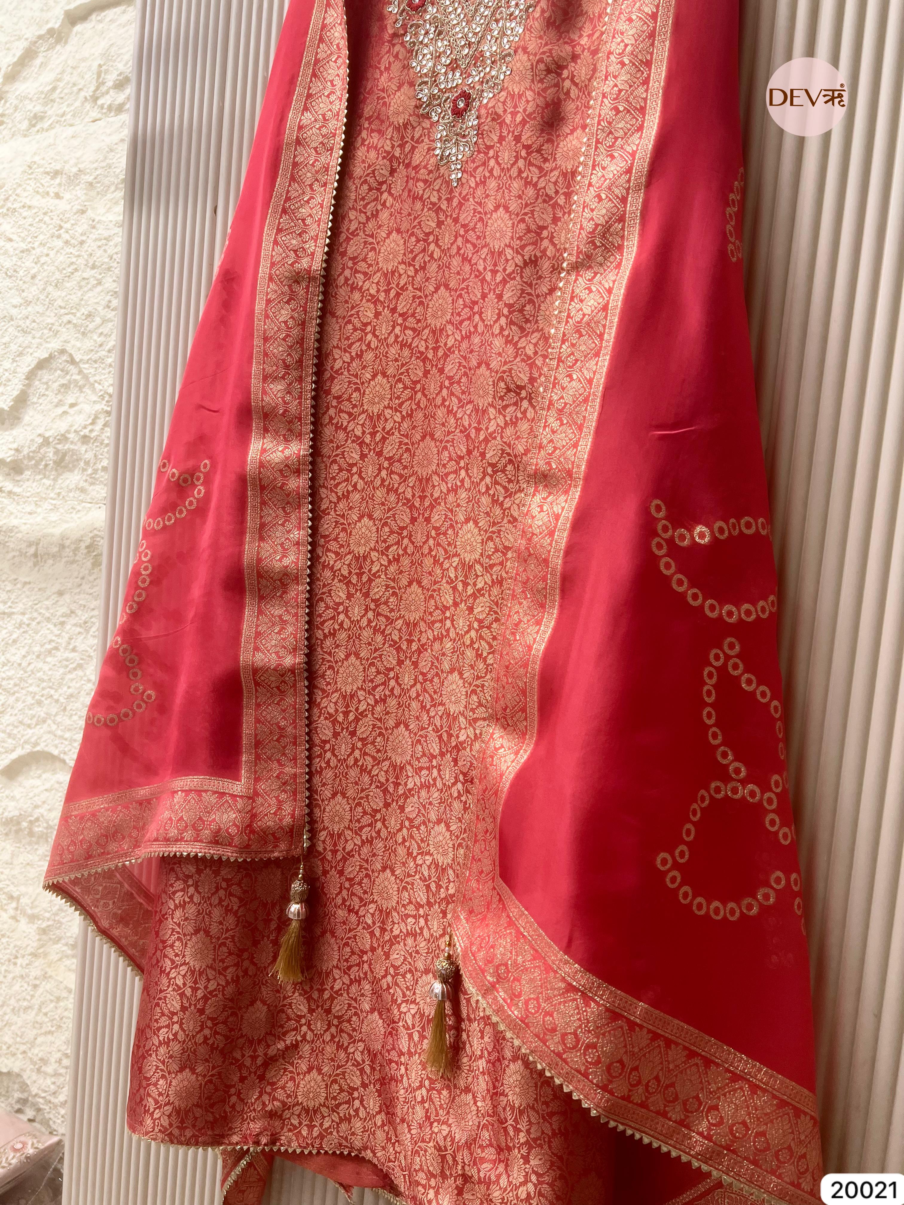 Coral Pink Tissue Jacquard Embroidered Unstitched 3-Piece Suit (Devri – D.No 20021)