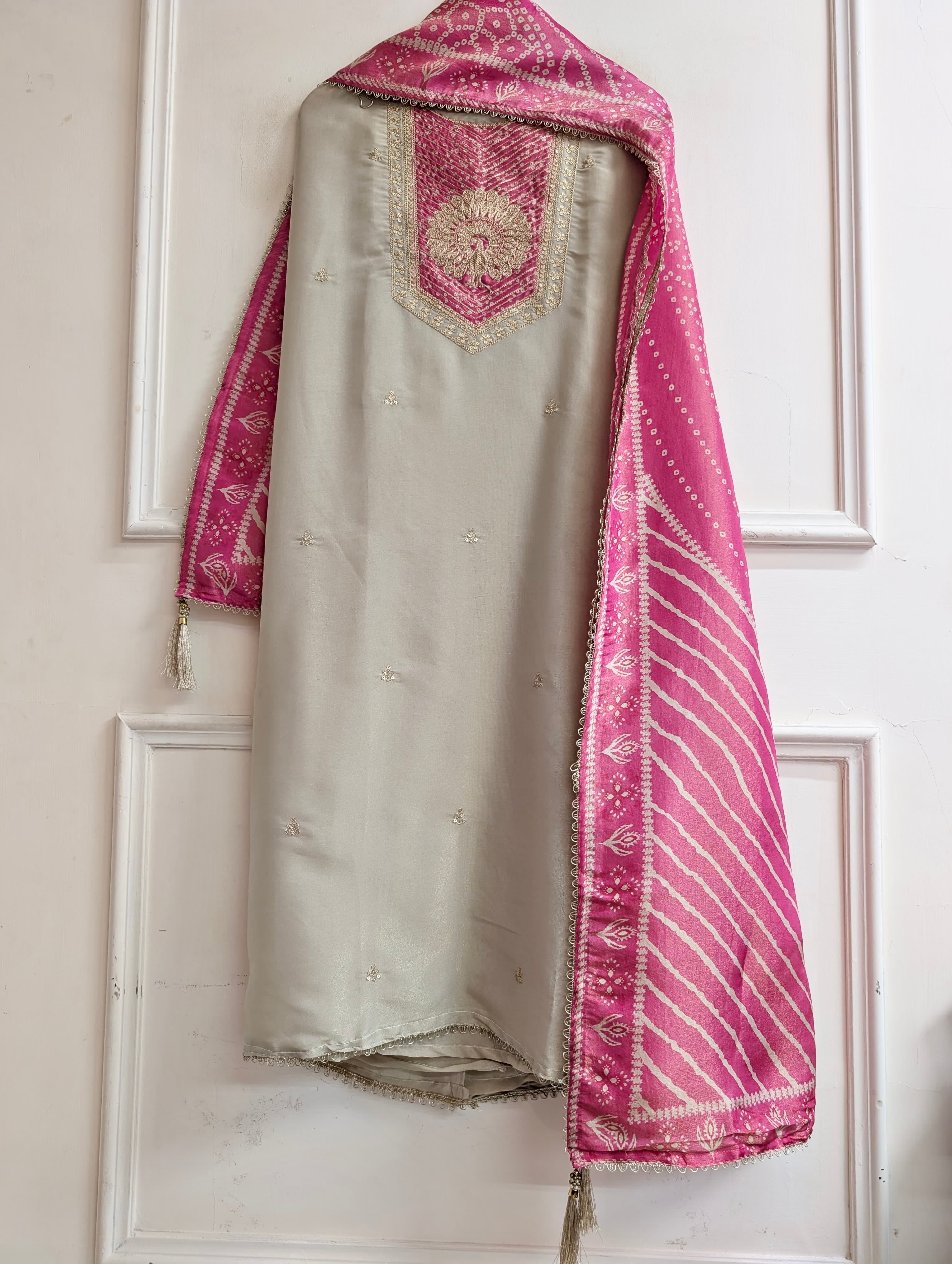 Beige Tissue Silk Embroidered Unstitched 3-Piece Suit (Devri – D.No 13736)