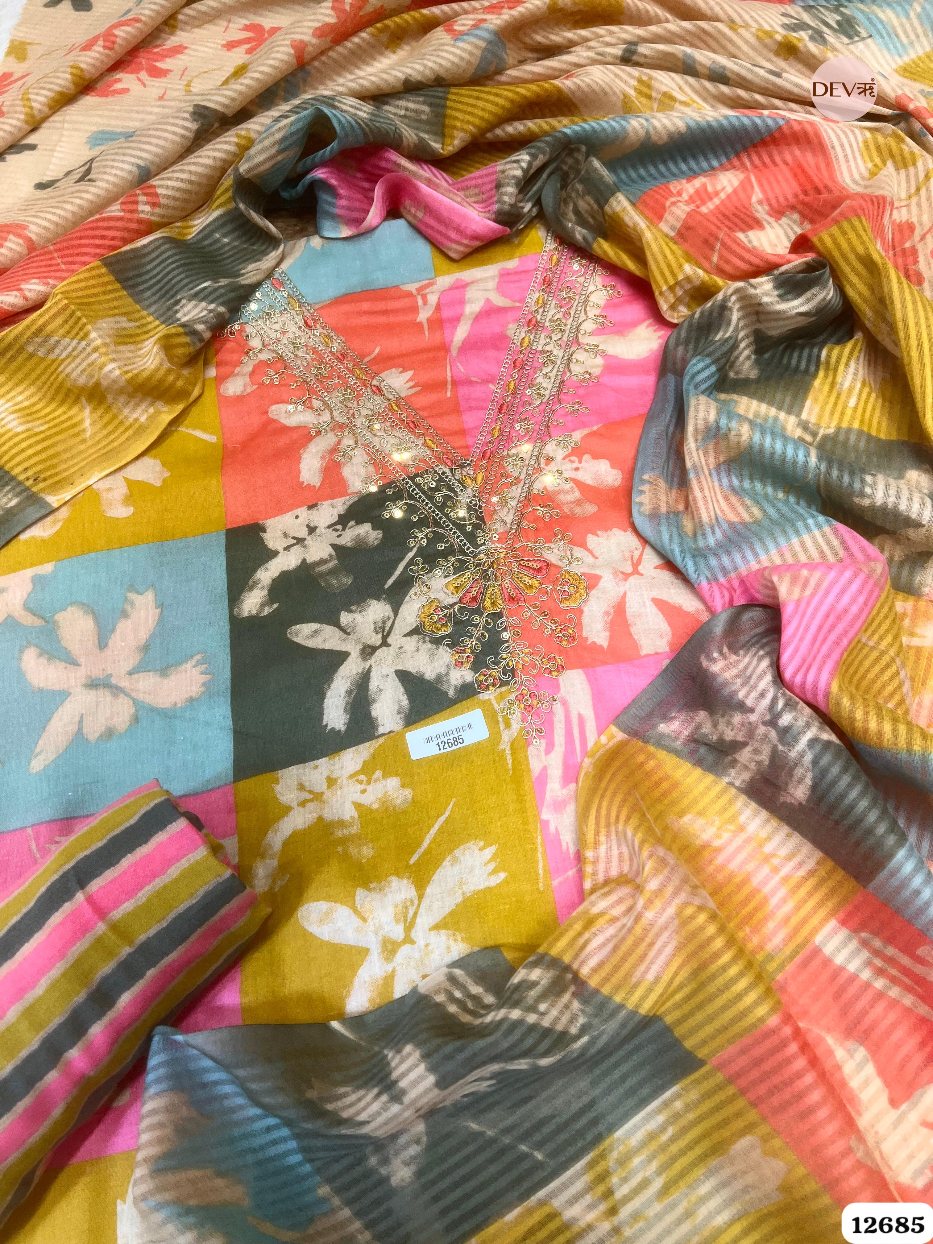 Multicolor Pure Cotton Printed Unstitched 3-Piece Suit (Devri – D.No 12685)