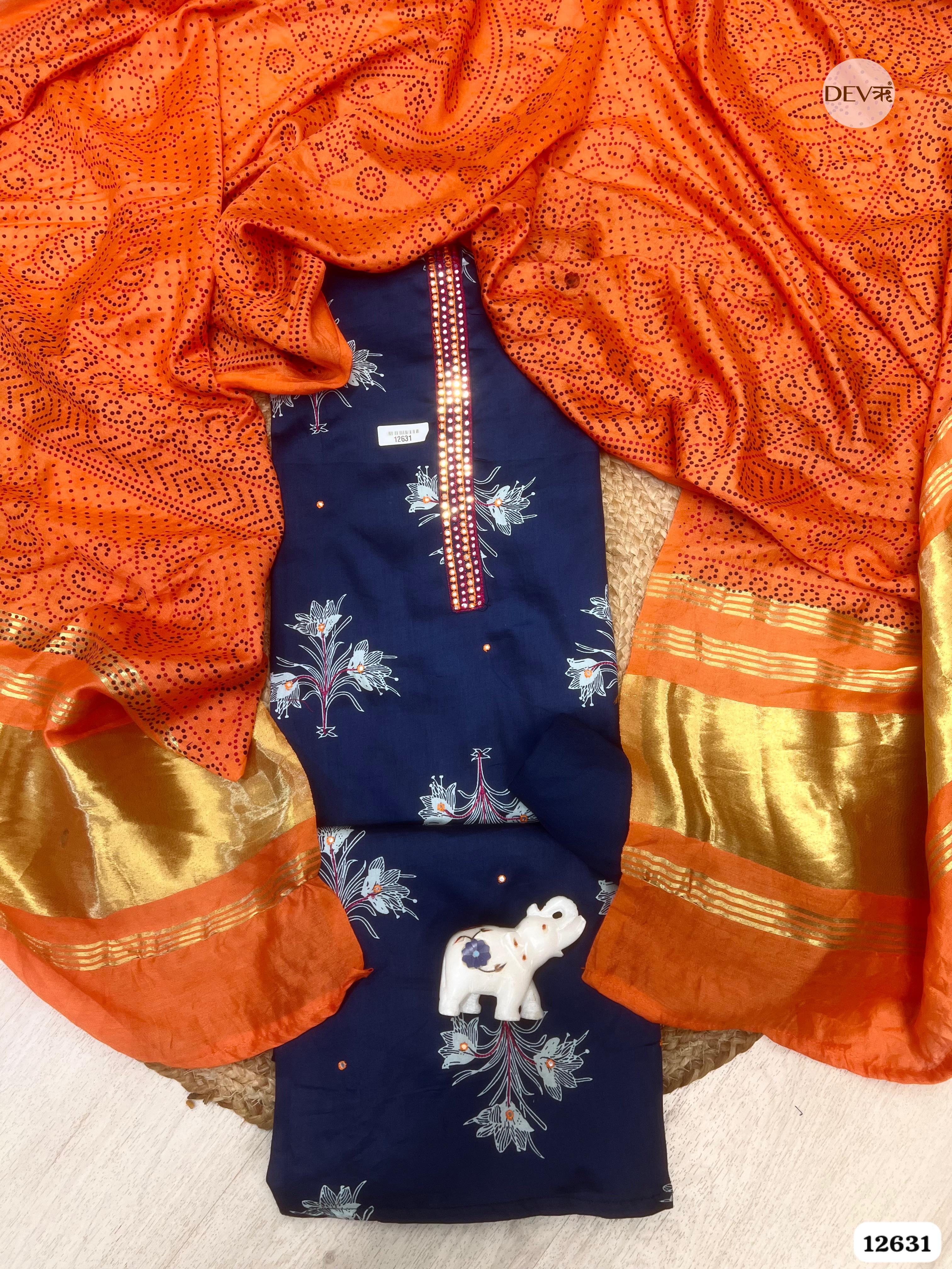 Navy Blue & Orange Cotton Silk Unstitched 3-Piece Suit (Devri – D.No 12631)