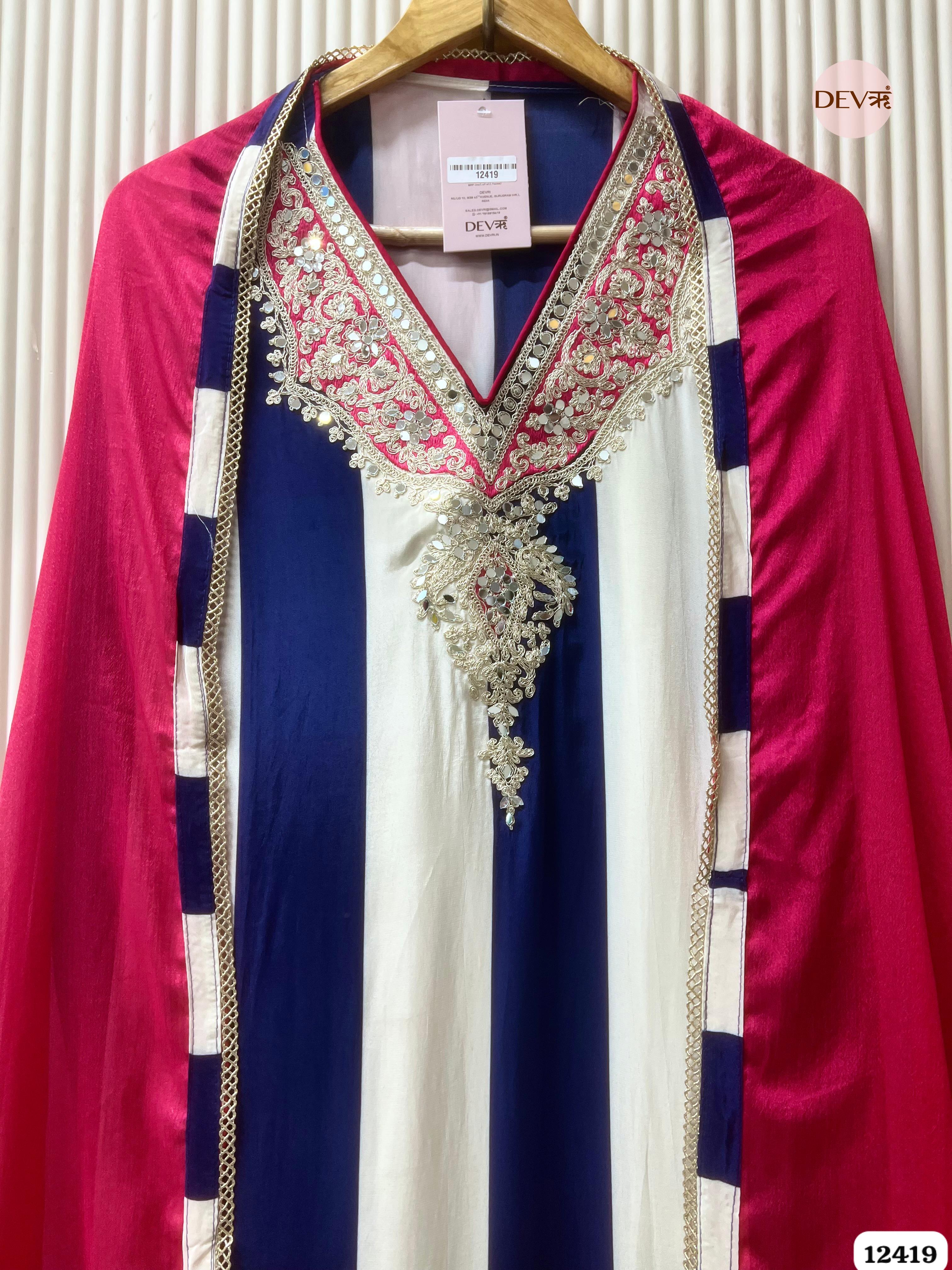 Ivory & Navy Natural Crepe Embroidered Unstitched 3-Piece Suit (Devri – D.No. 12419)