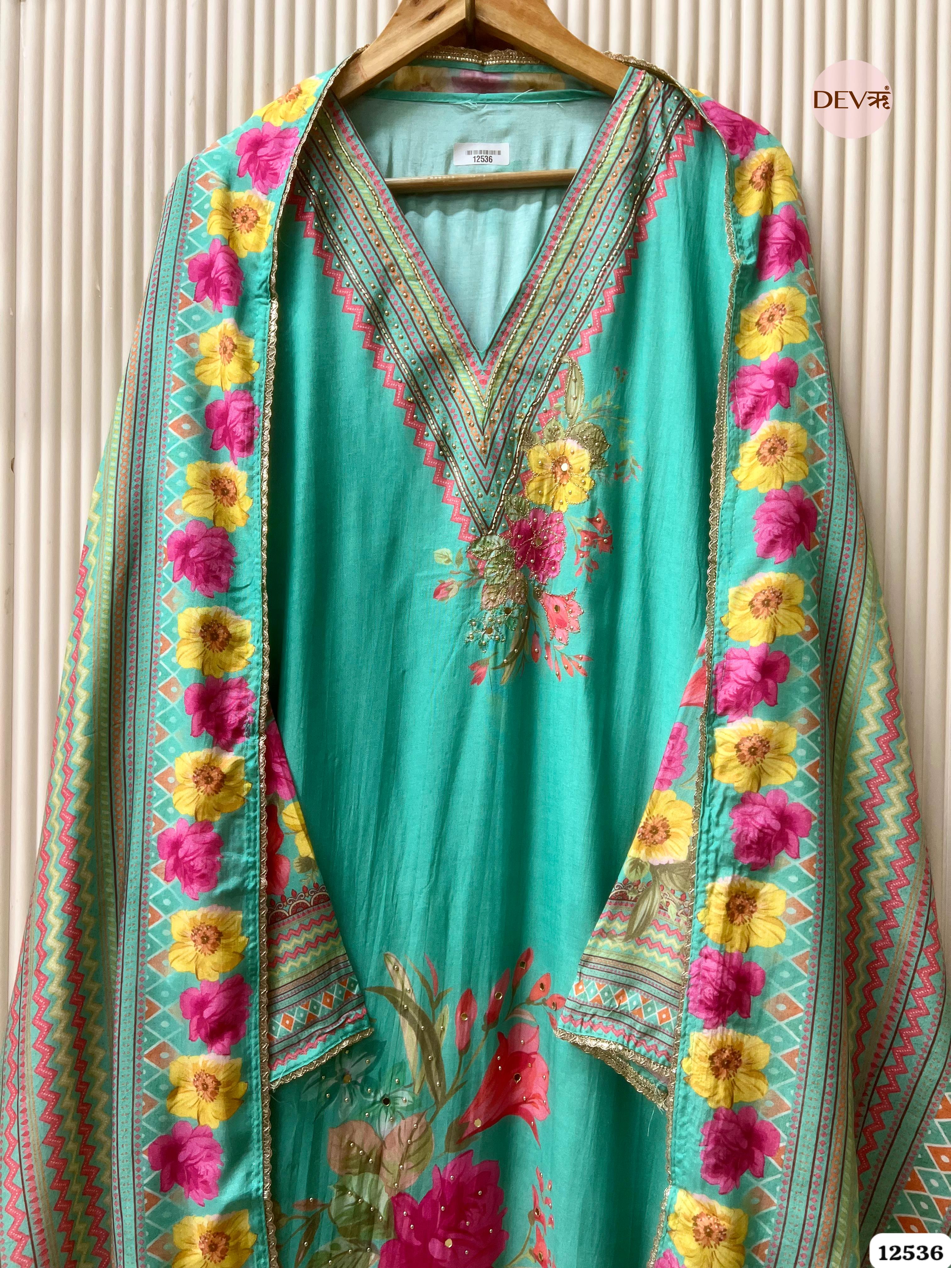 Sea Green Muslin Printed Unstitched 3-Piece Suit (Devri – D.No . 12536)
