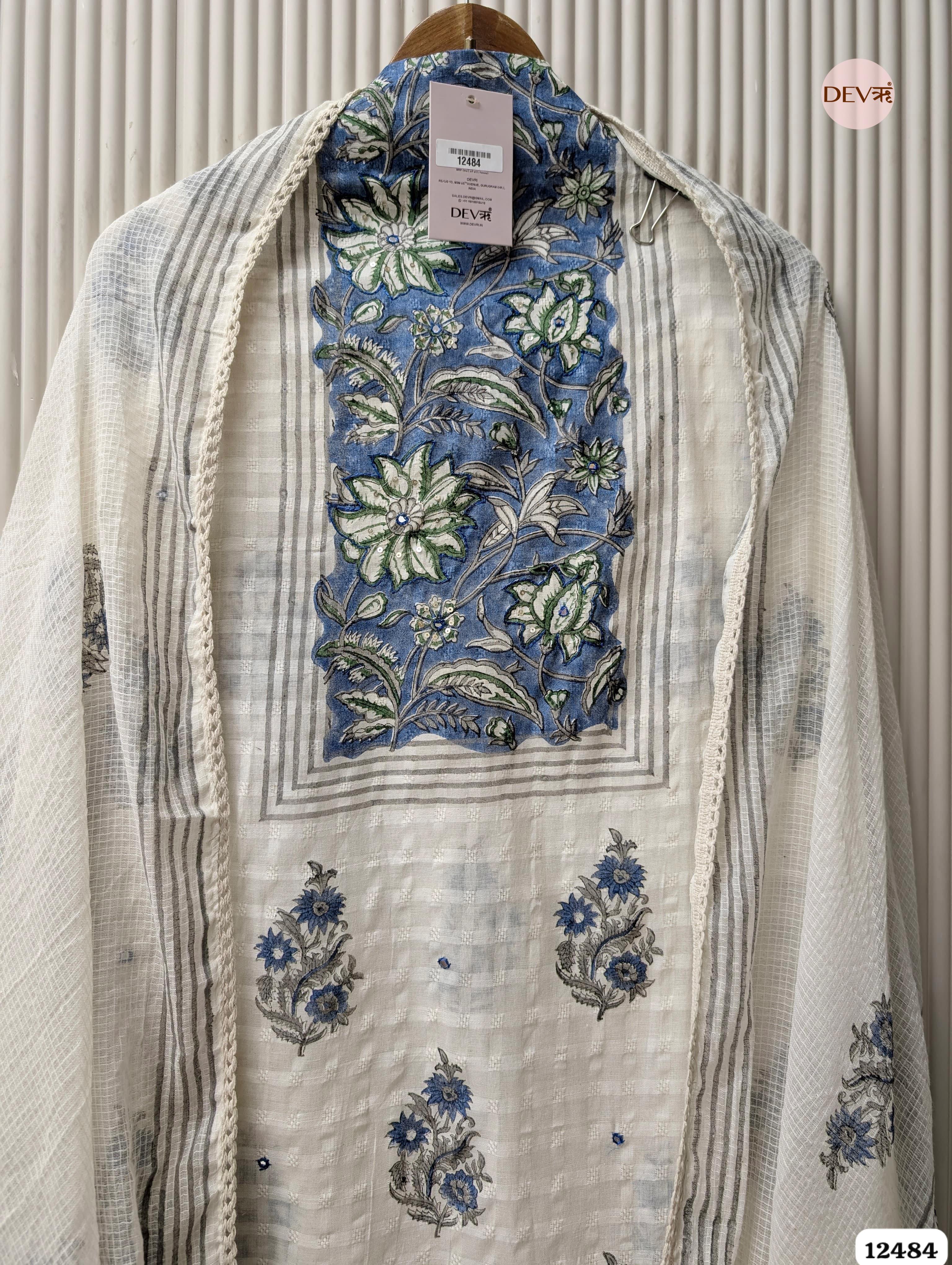 White & Blue Pure Cotton Printed Unstitched 3-Piece Suit (Devri – D.No 12484)