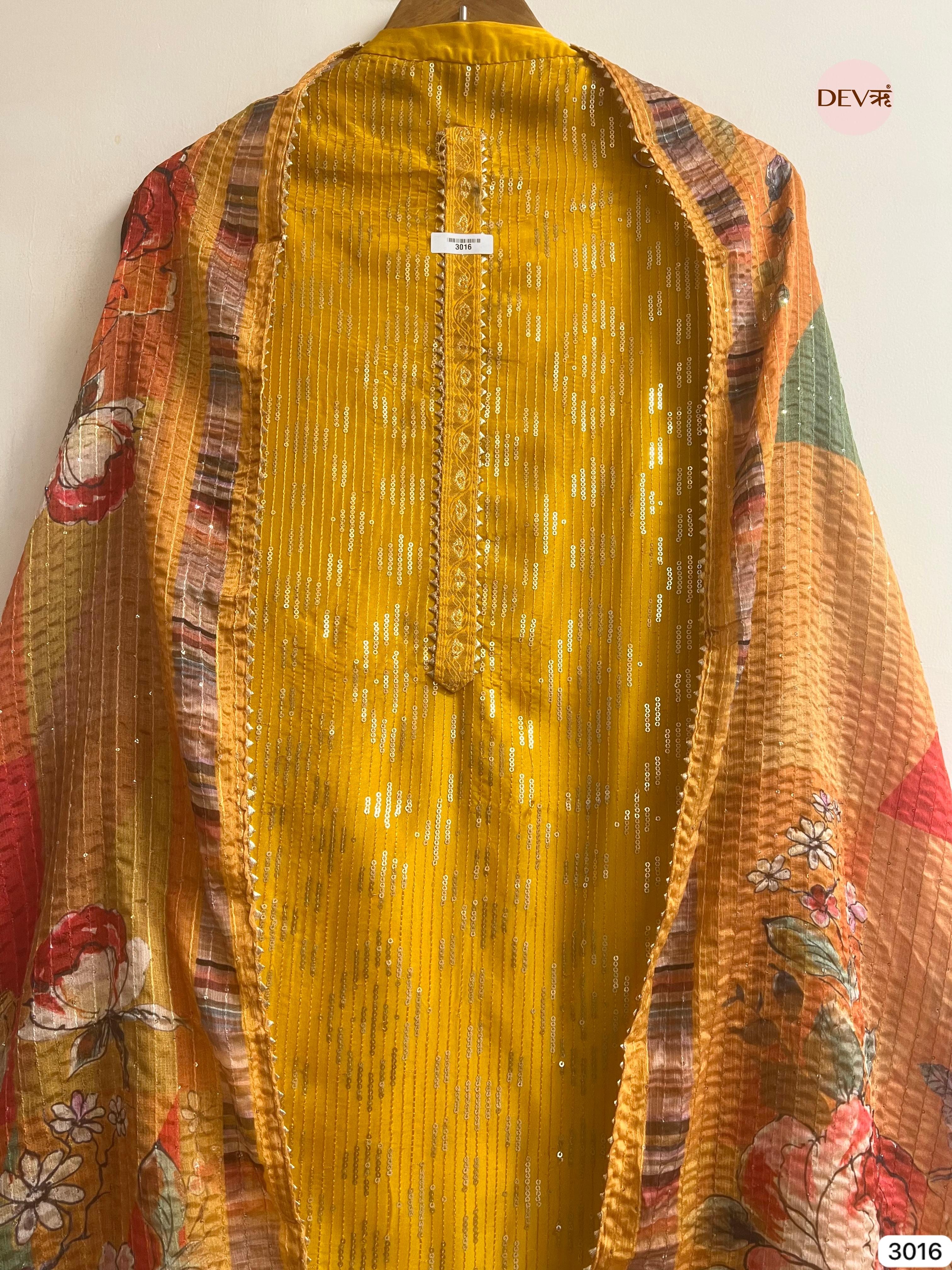 Yellow Upada Silk Embroidered Unstitched 3-Piece Suit (Devri – D.No 3016)
