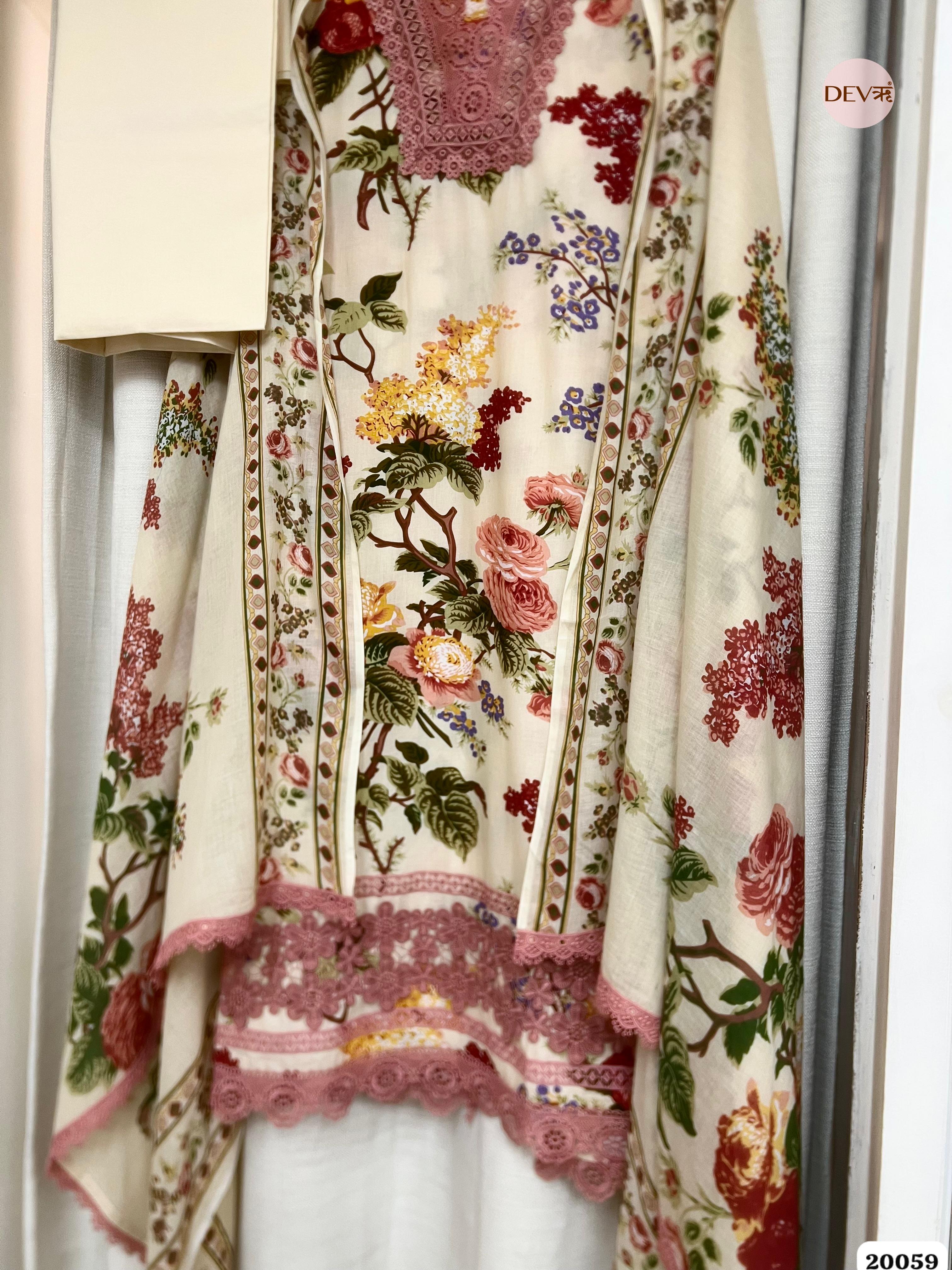 Ivory Cotton Printed Unstitched 3-Piece Suit (Devri – D.No. 20059)