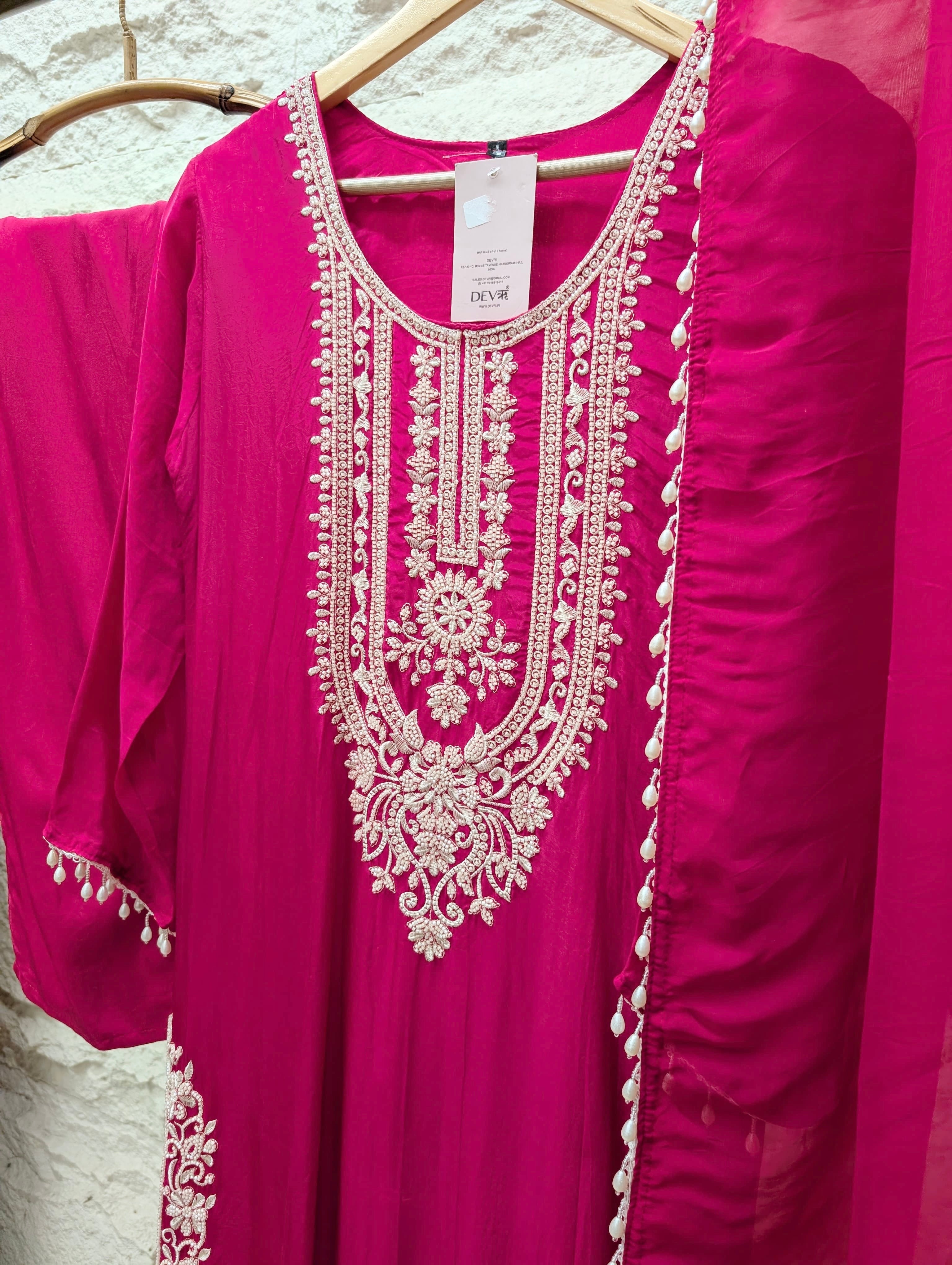 Gulnaar Pure organza silk Embroidered Fuchsia 3-Piece Set (Devri – D.No 13791)