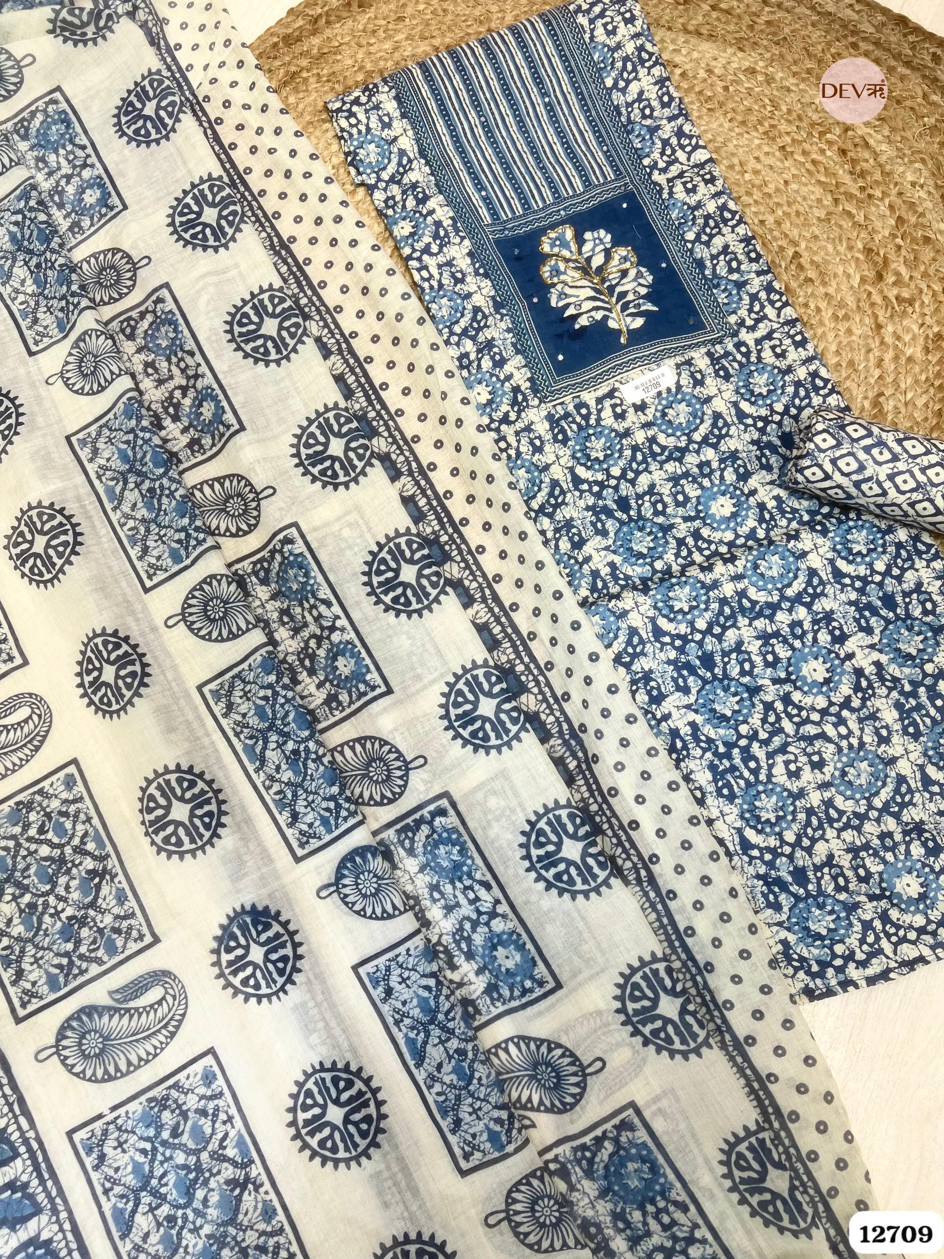 Indigo Blue Cotton Printed Unstitched 3-Piece Suit (Devri – D.No 12709)