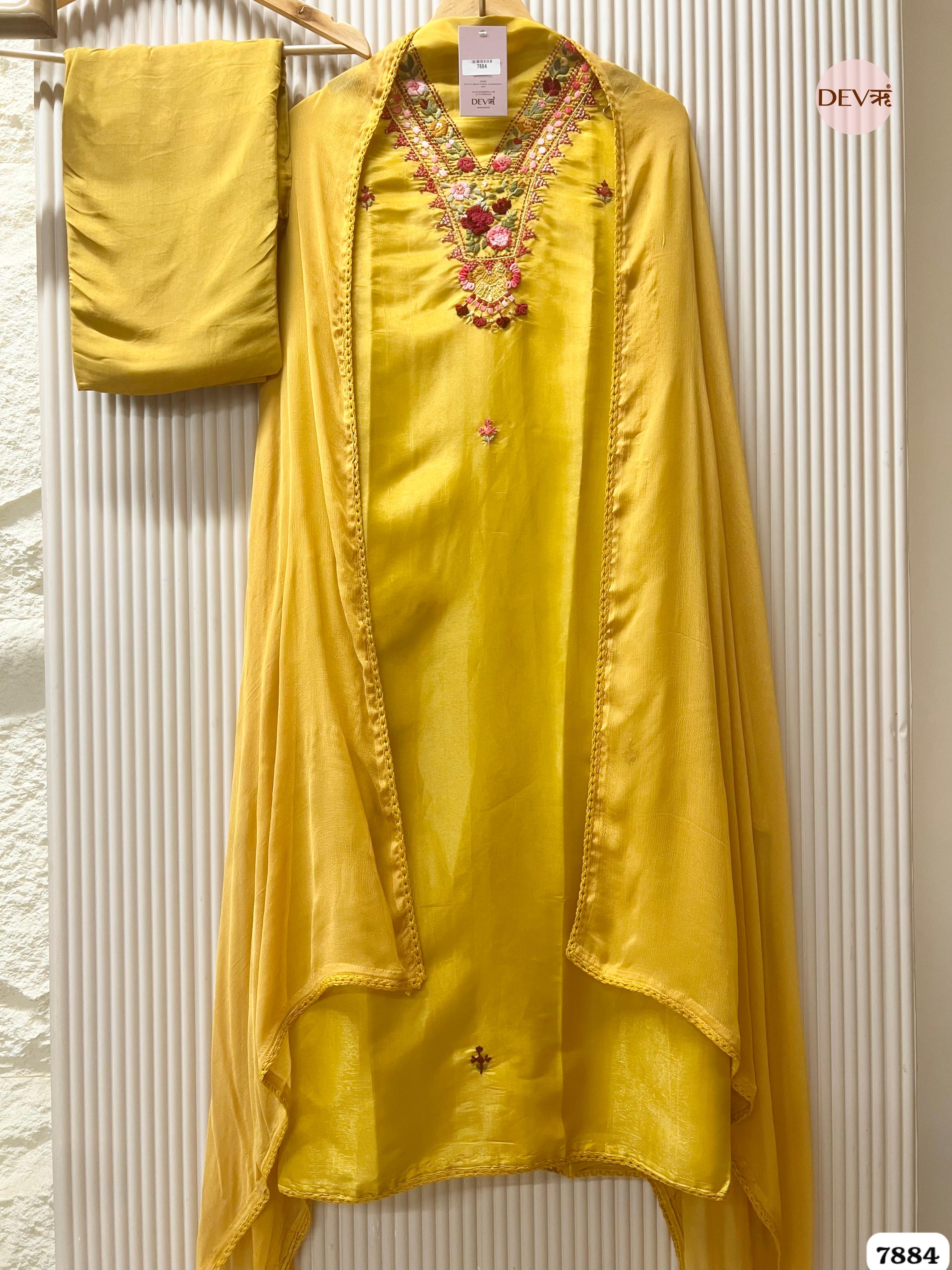 Mustard Tissue Silk Embroidered Unstitched 3-Piece Suit (Devri – D.No. 7884)