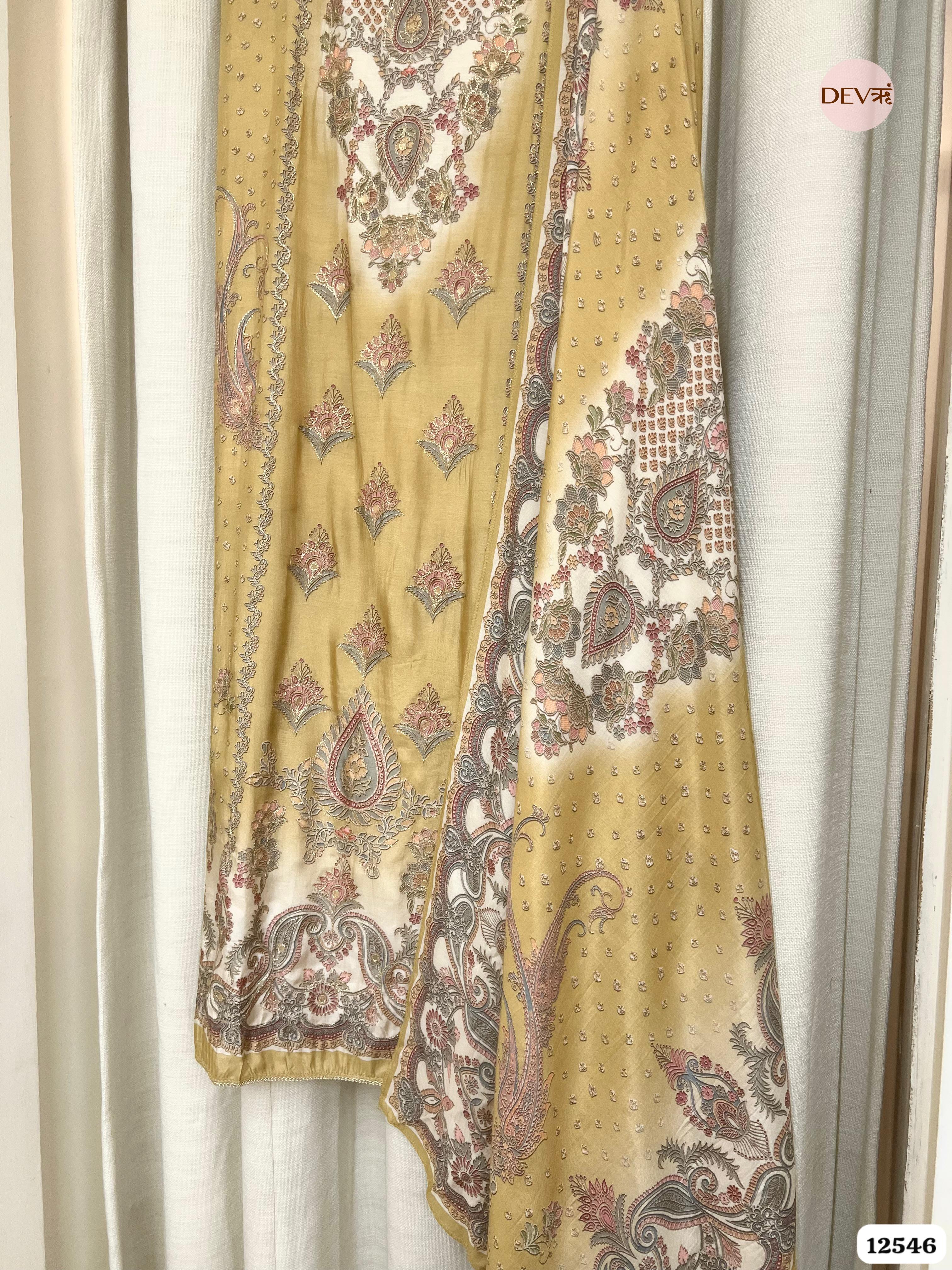 Mustard Muslin Embroidered Unstitched 3-Piece Suit (Devri – D.No 12546)