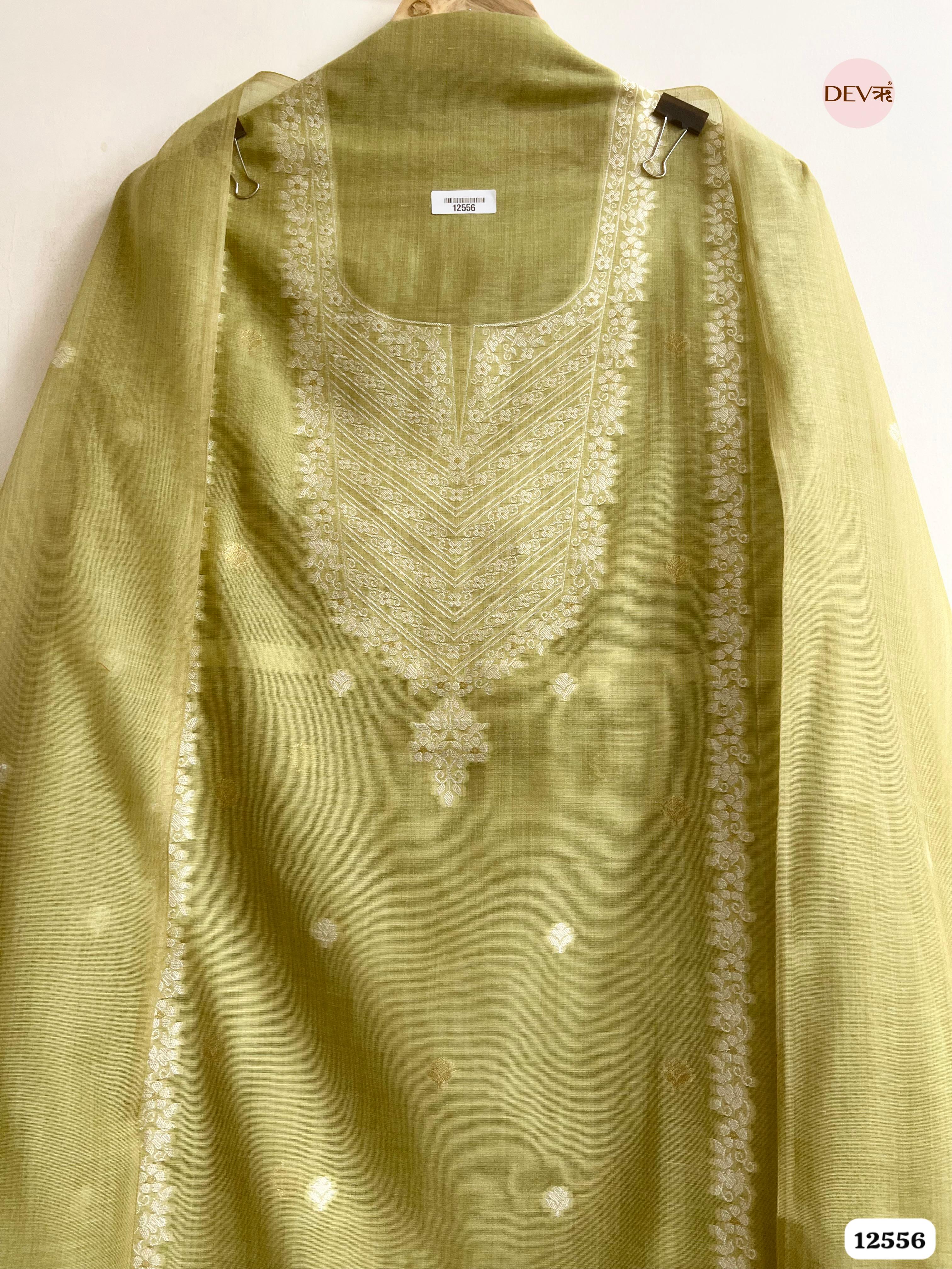 Lime Green Jamdani Embroidered Unstitched 3-Piece Suit (Devri – D.No 12556)