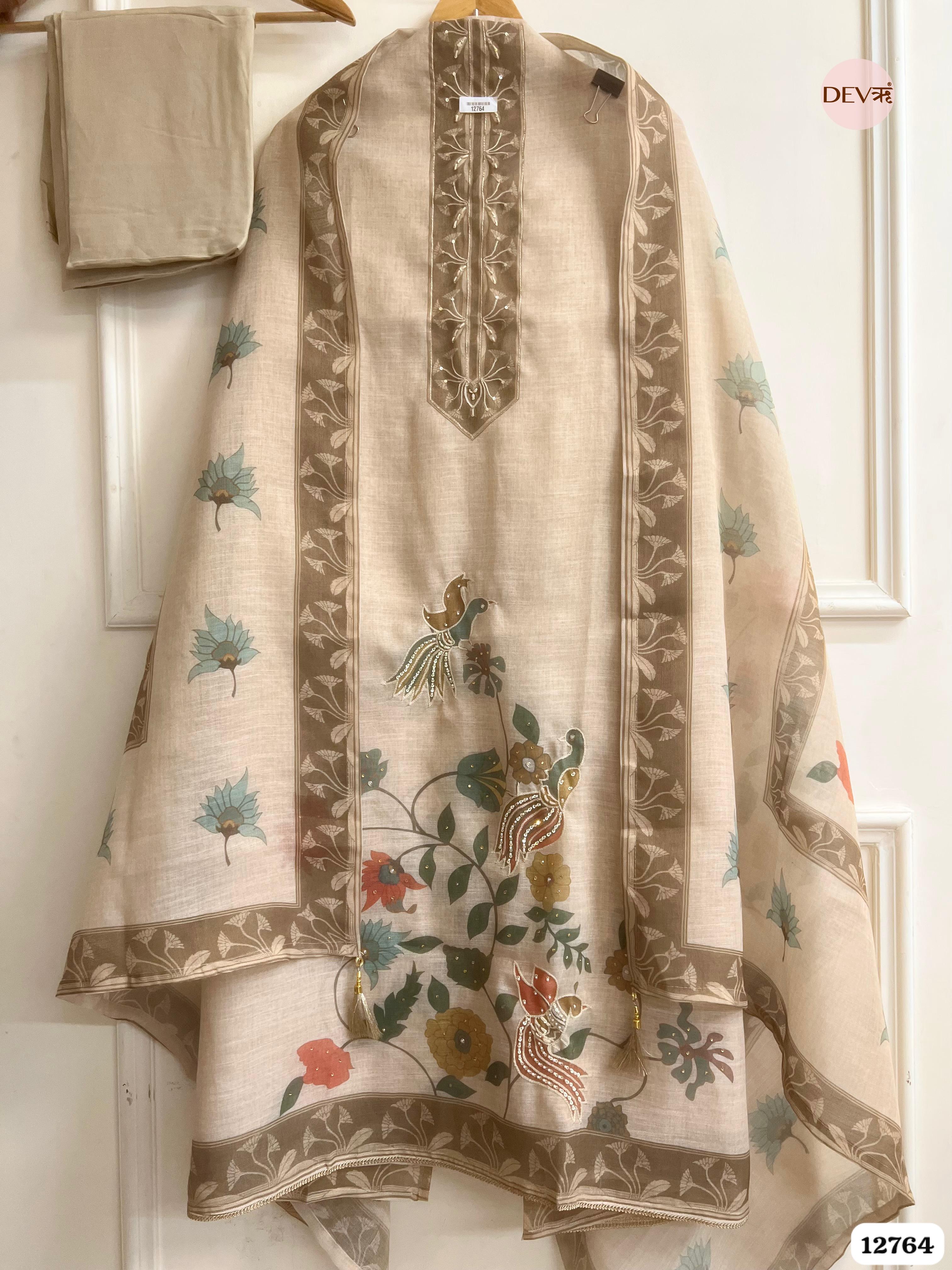 Beige Linen Cotton Embroidered Unstitched 3-Piece Suit (Devri – D.No 12764)