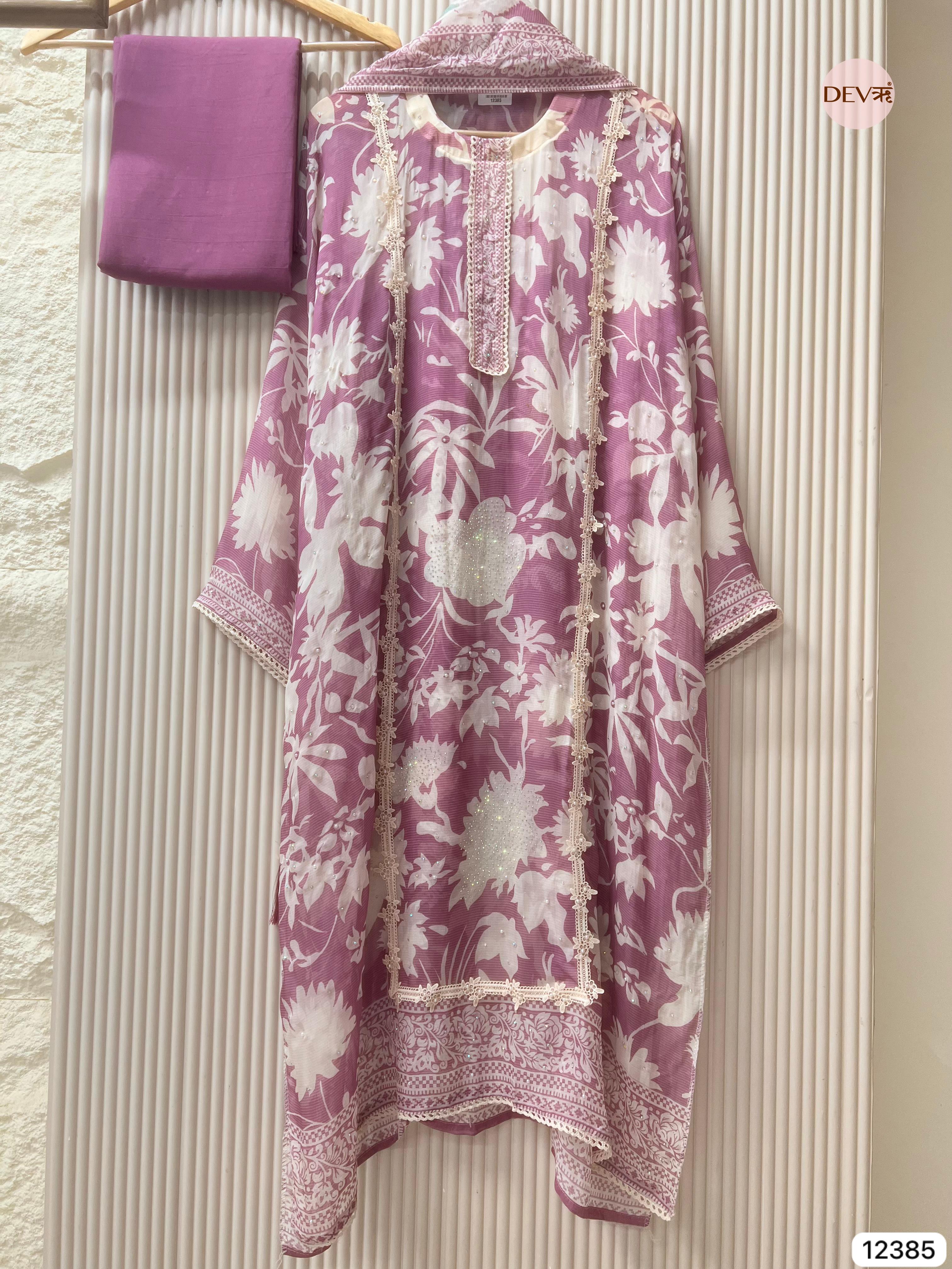 Dusty Mauve Organza Printed Unstitched 3-Piece Suit (Devri – D.No 12385)