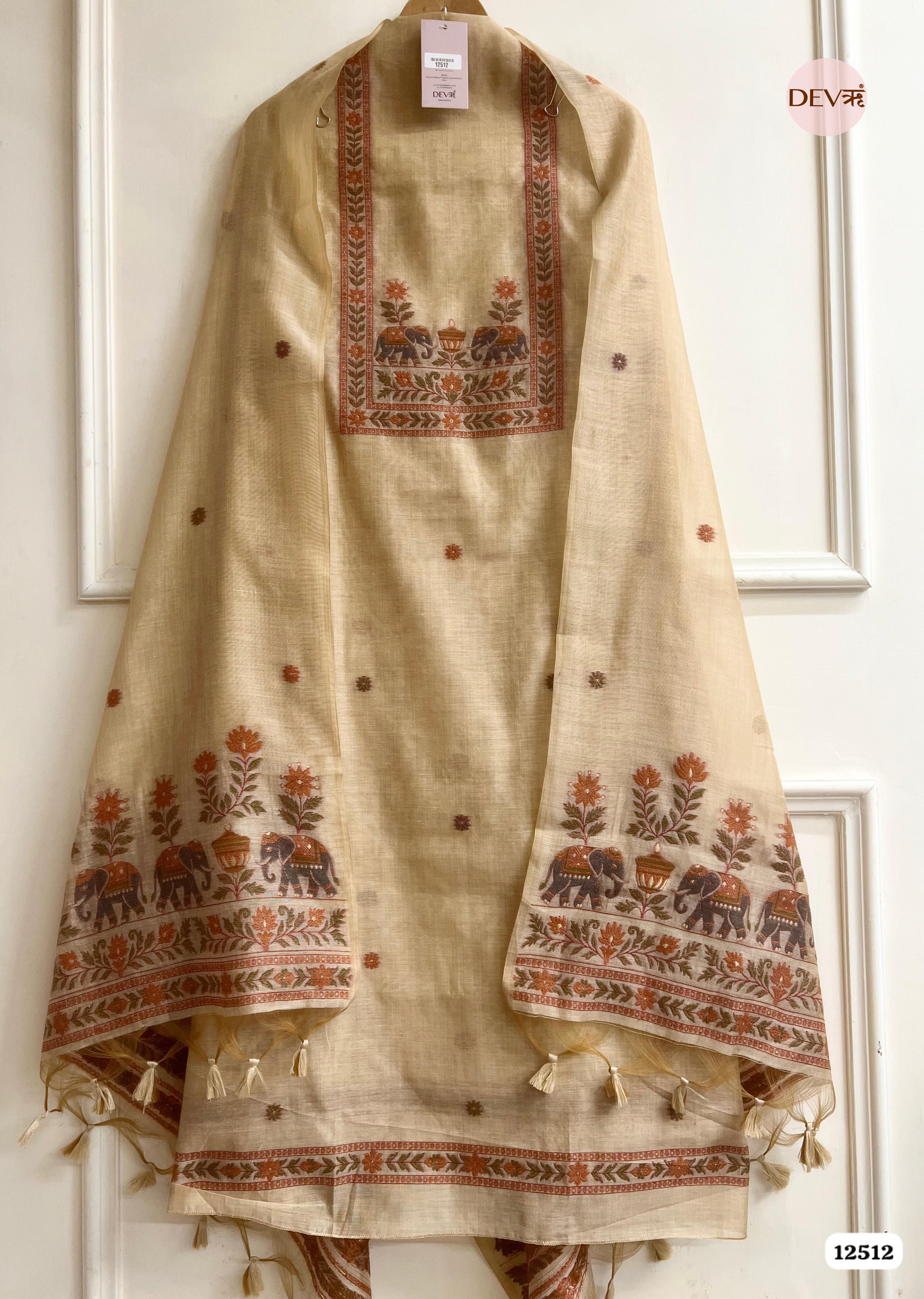Beige Jamdani Embroidered Unstitched 3-Piece Suit (Devri – D.No 12512)