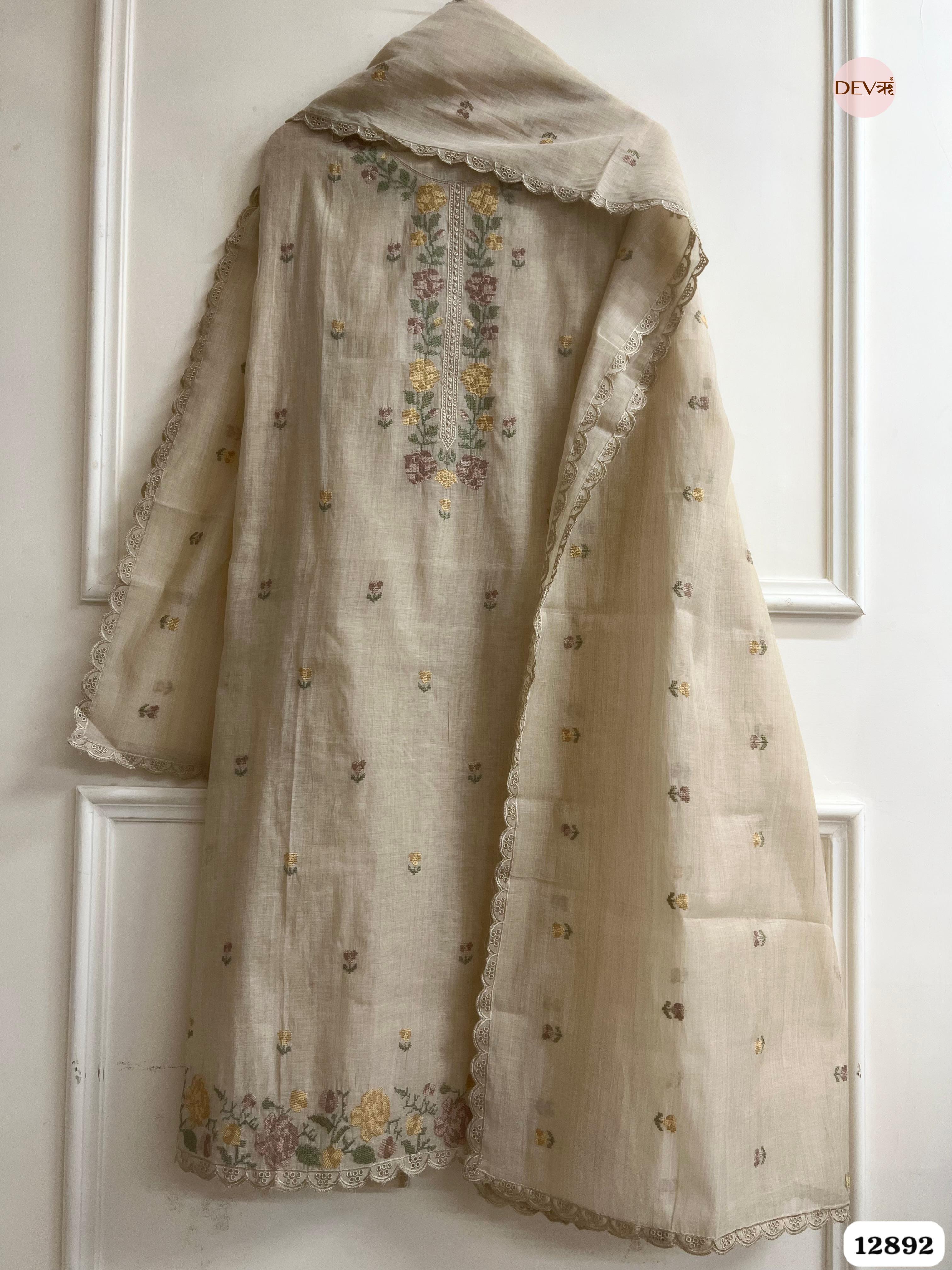 Beige Mul Chanderi Embroidered Unstitched 3-Piece Suit (Devri – D.No 12892)